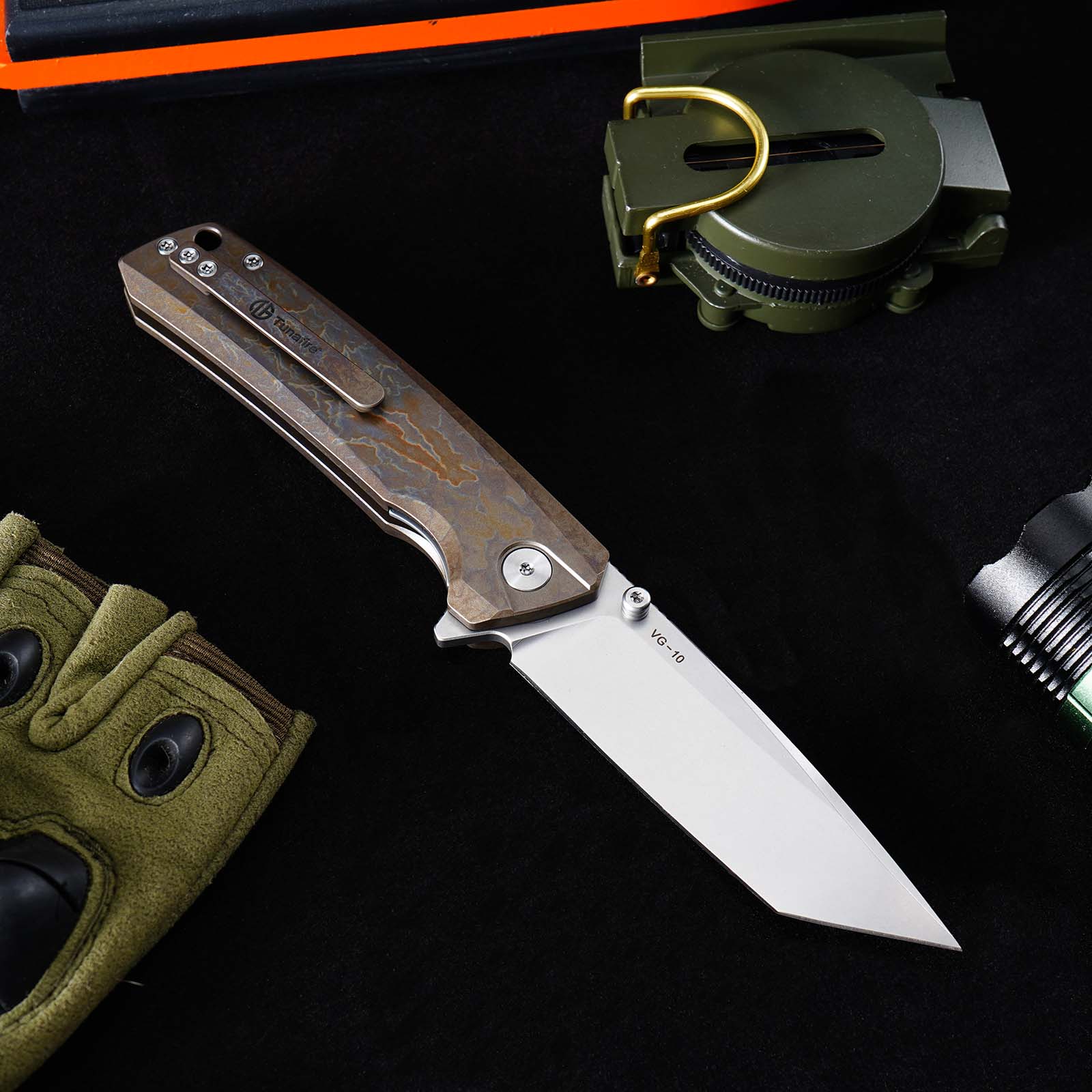 GT-T0077 EDC Folding Knife 3.43"VG10 Blade Titanium Handle With Stone Wash And Color Anodizing Ceramic Ball Bearing Pocket Knife