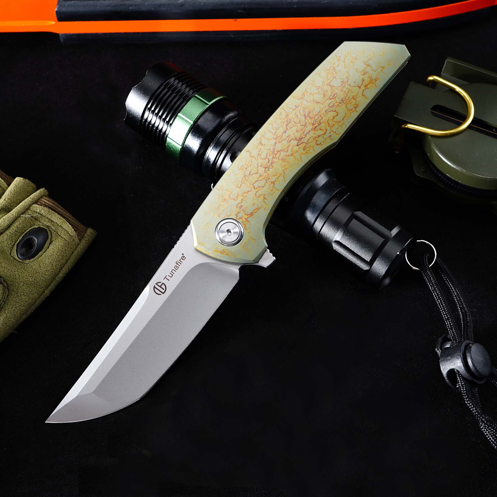 Tunafire GT-T0075 Folding Knife 3.43"VG10 Stainless Steel Blade Titanium Handle Ceramic Ball Bearing Pocket Knife
