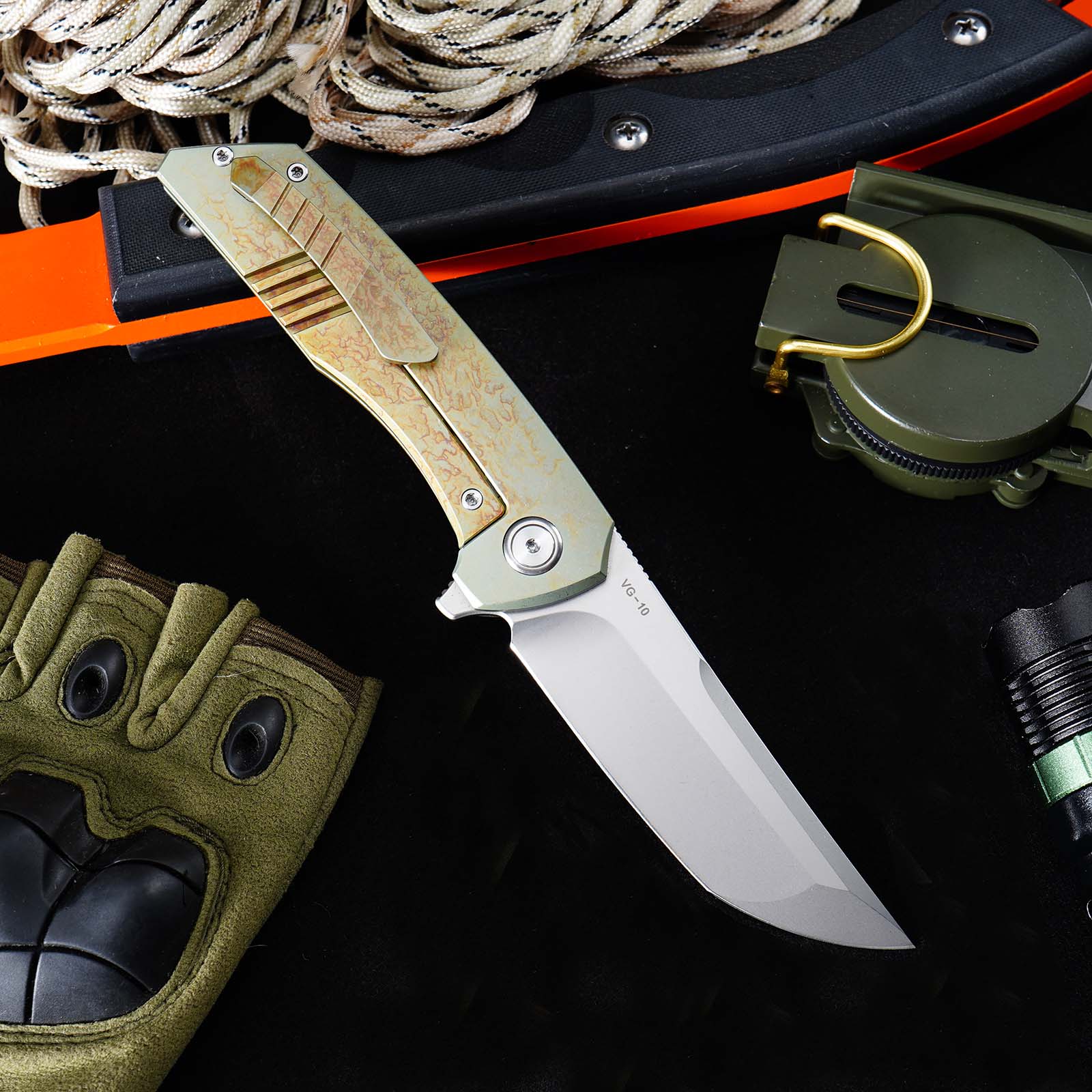Tunafire GT-T0075 Folding Knife 3.43"VG10 Stainless Steel Blade Titanium Handle Ceramic Ball Bearing Pocket Knife