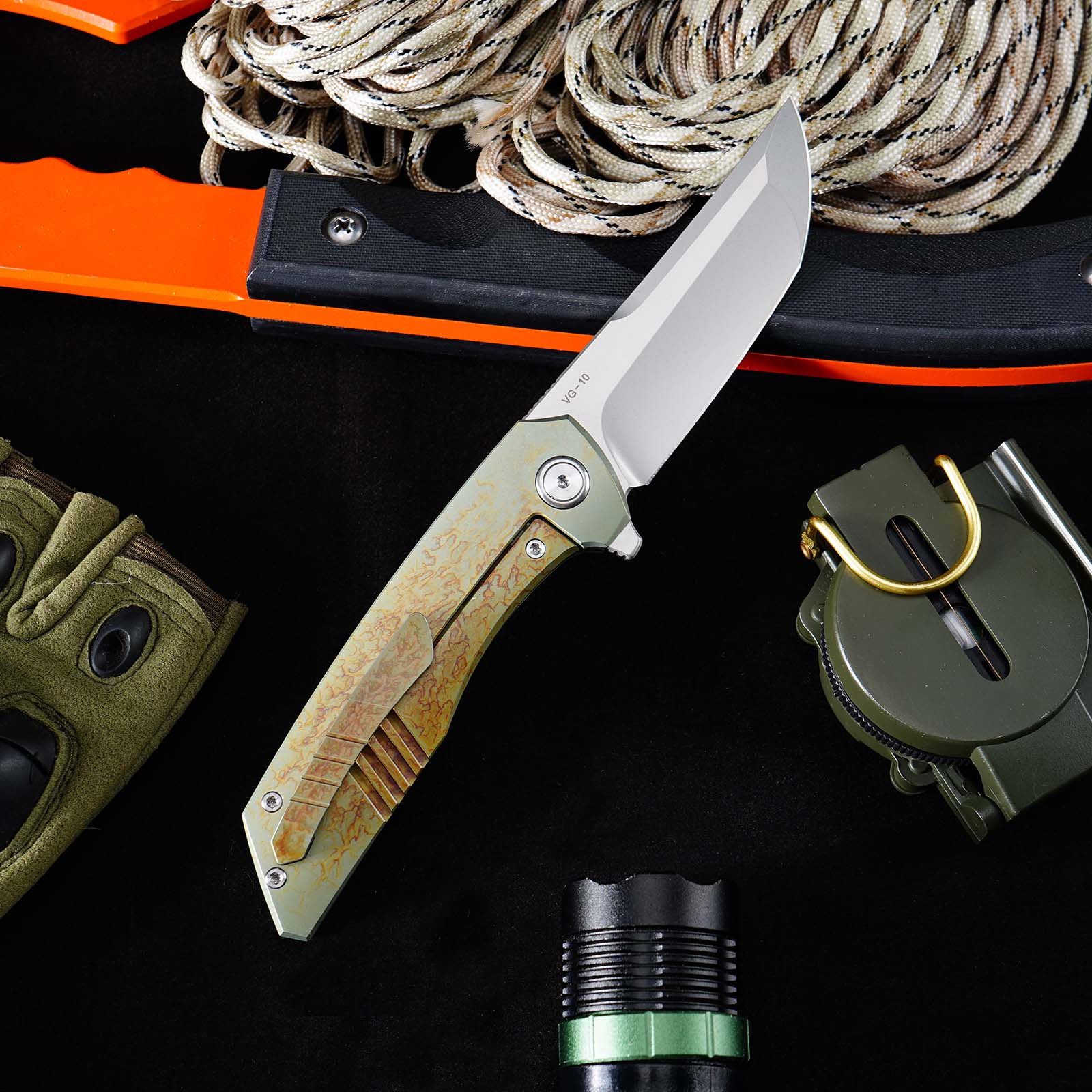 Tunafire GT-T0075 Folding Knife 3.43"VG10 Stainless Steel Blade Titanium Handle Ceramic Ball Bearing Pocket Knife