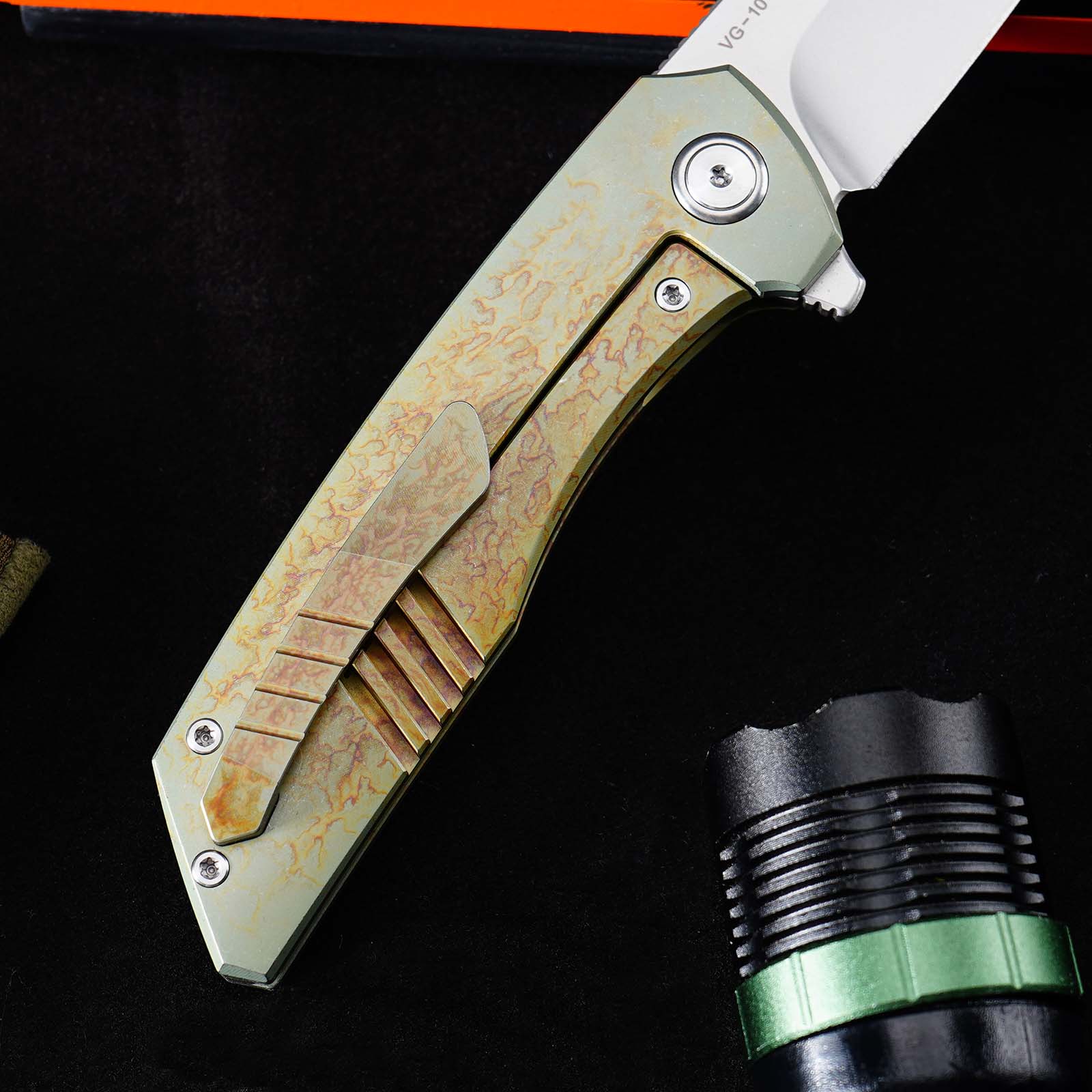 Tunafire GT-T0075 Folding Knife 3.43"VG10 Stainless Steel Blade Titanium Handle Ceramic Ball Bearing Pocket Knife
