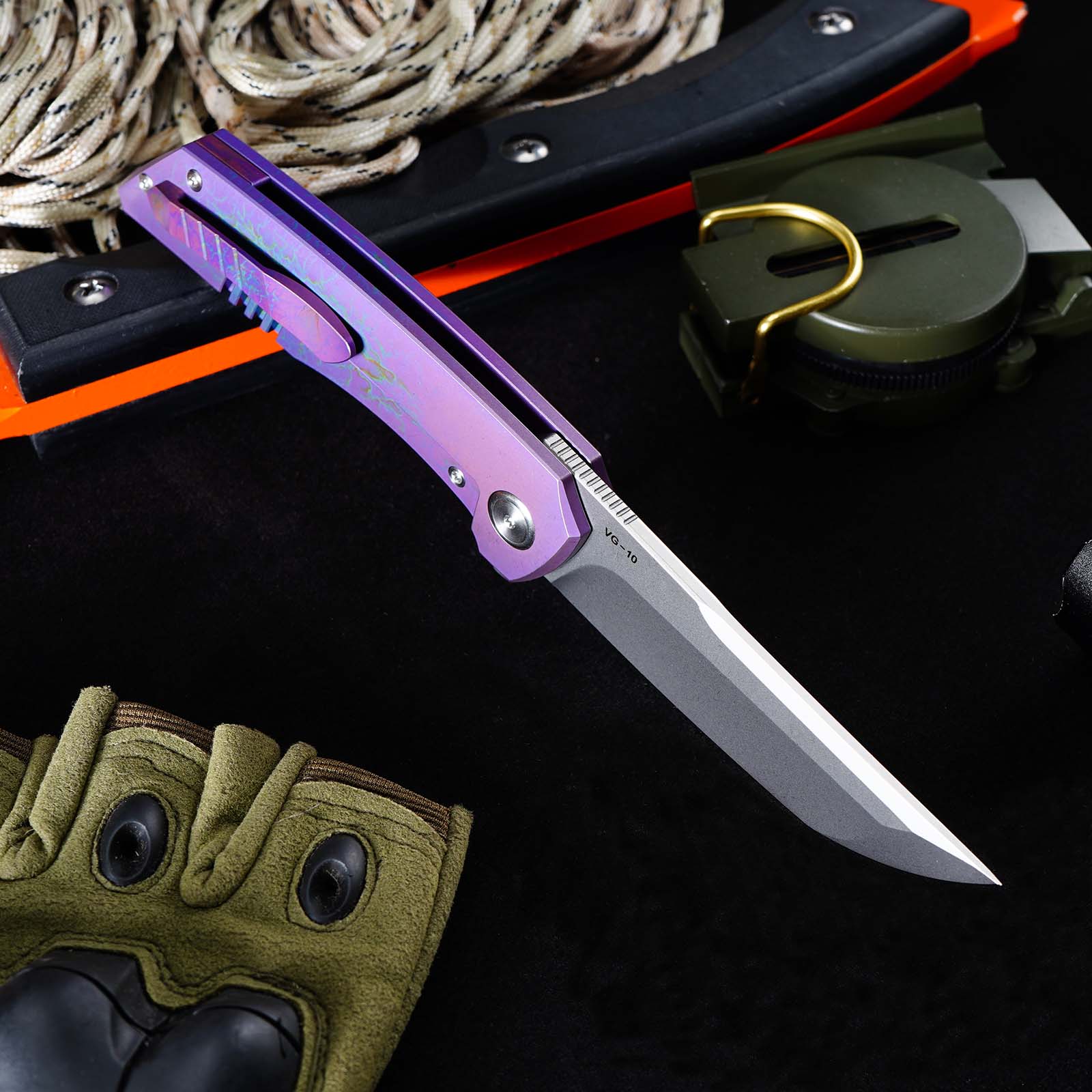 Tunafire GT-T0075 EDC Folding Knife VG10 Stainless Steel Blade Titanium Handle Ceramic Ball Bearing Outdoor Knife