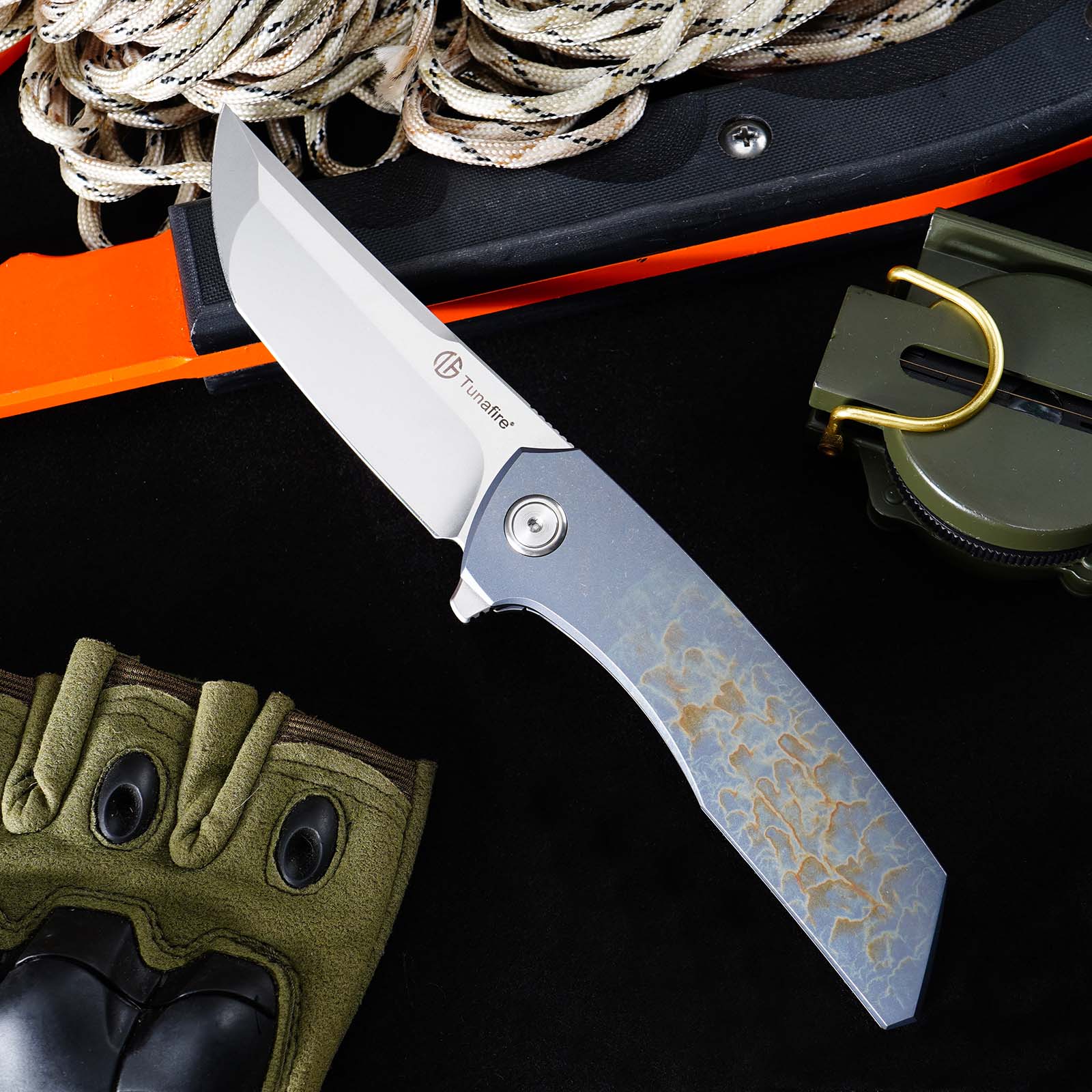 Tunafire GT-T0075 VG10 Blade Folding Knife Titanium Handle Ceramic Ball Bearing TacticaL Survival Knife EDC Tool