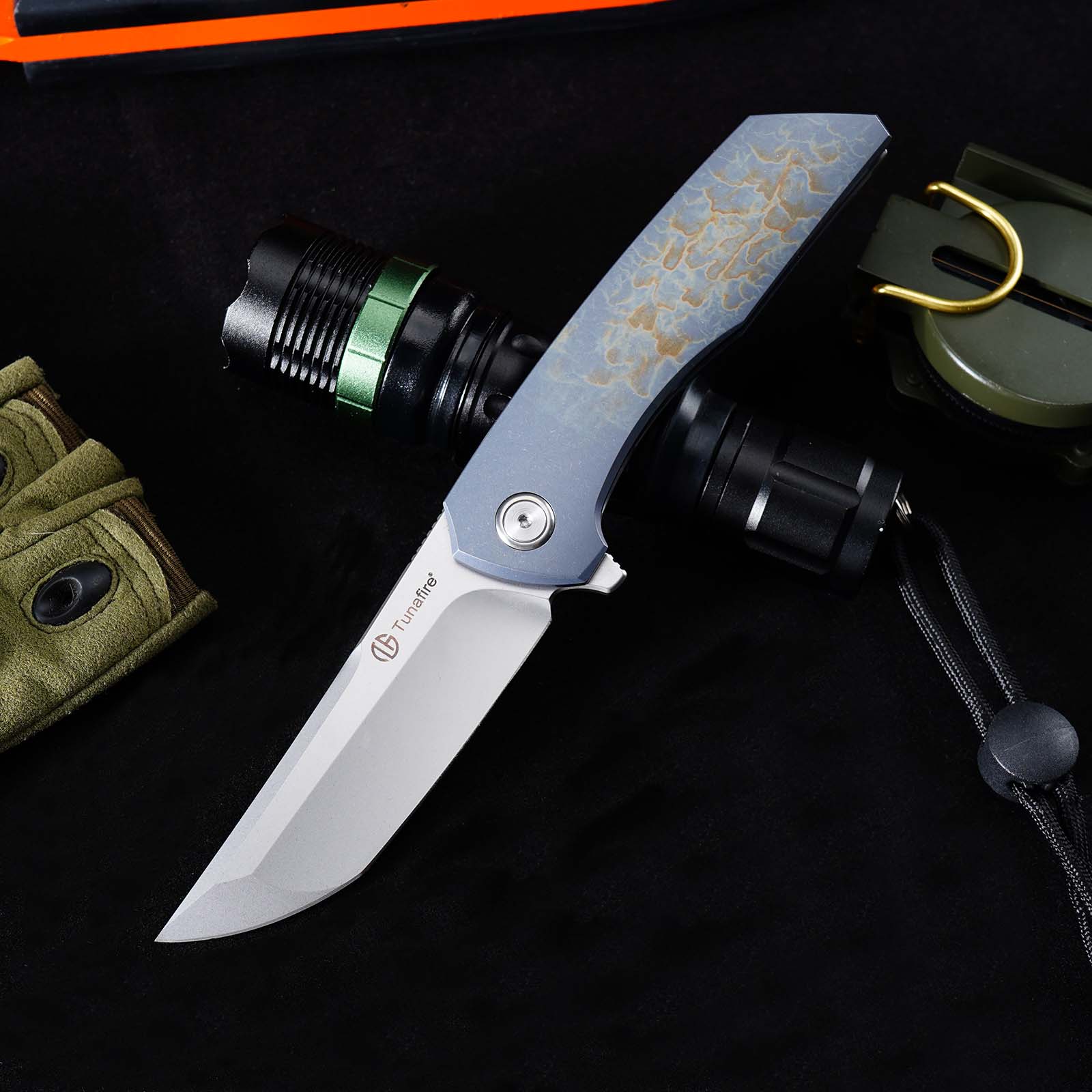 Tunafire GT-T0075 VG10 Blade Folding Knife Titanium Handle Ceramic Ball Bearing TacticaL Survival Knife EDC Tool
