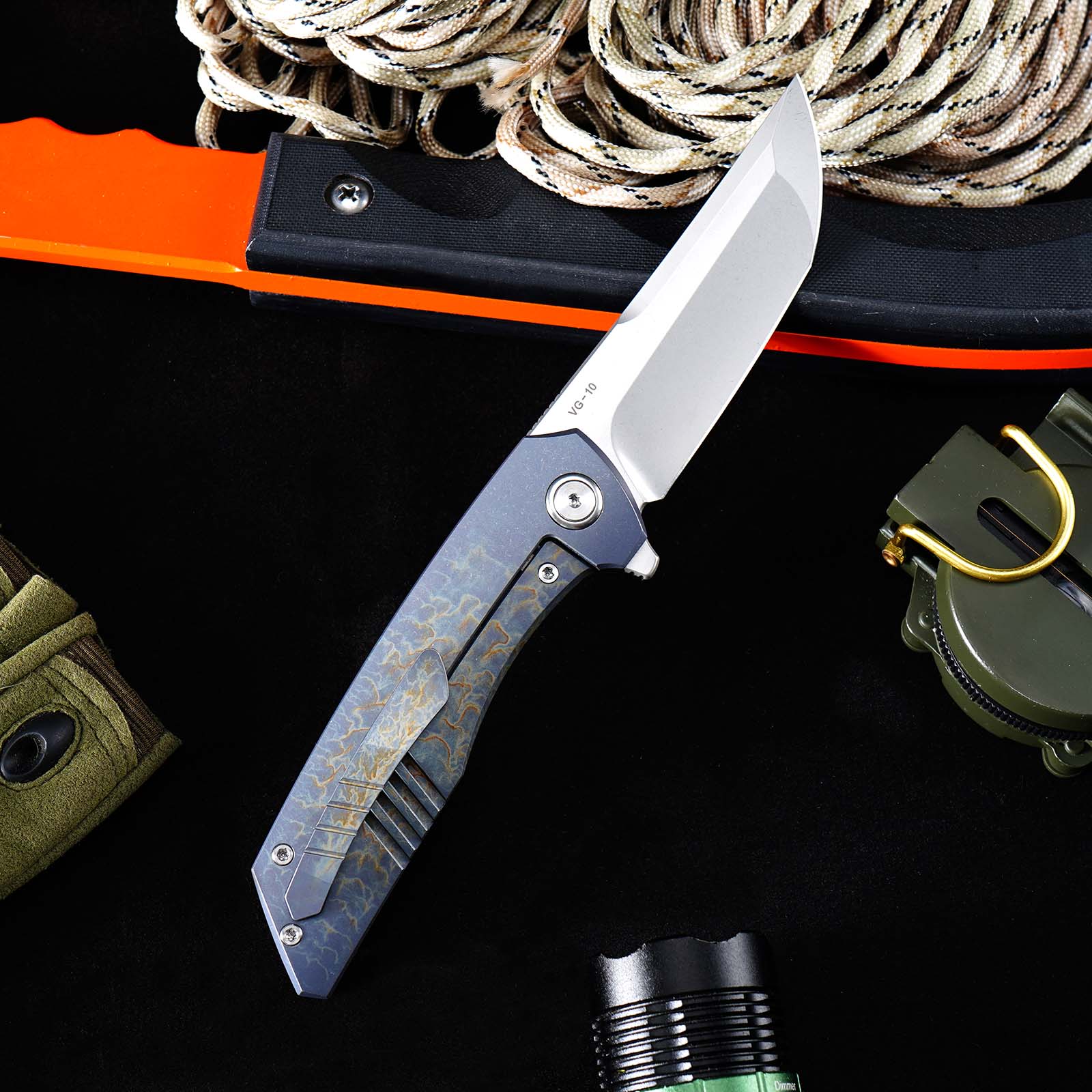 Tunafire GT-T0075 VG10 Blade Folding Knife Titanium Handle Ceramic Ball Bearing TacticaL Survival Knife EDC Tool