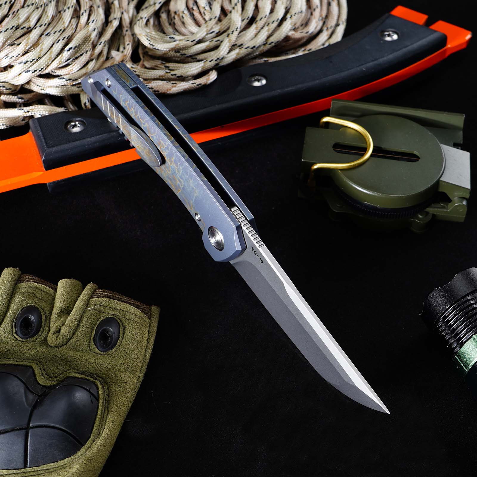 Tunafire GT-T0075 VG10 Blade Folding Knife Titanium Handle Ceramic Ball Bearing TacticaL Survival Knife EDC Tool