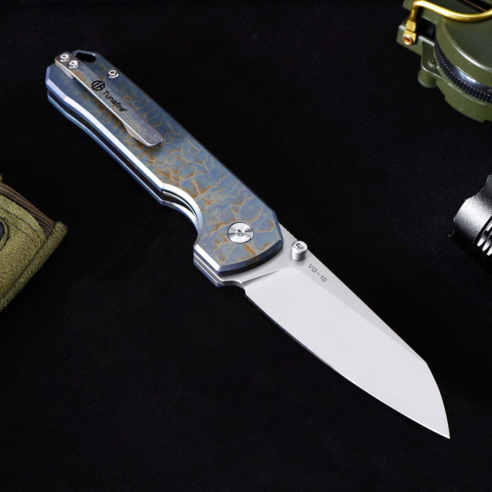 Tunafire GT-T0070-1 Knife M390 Steel Ball Bearing Folding Pocket Knife, Titanium Handle EDC Utility Knife Stone‑Wash Finish