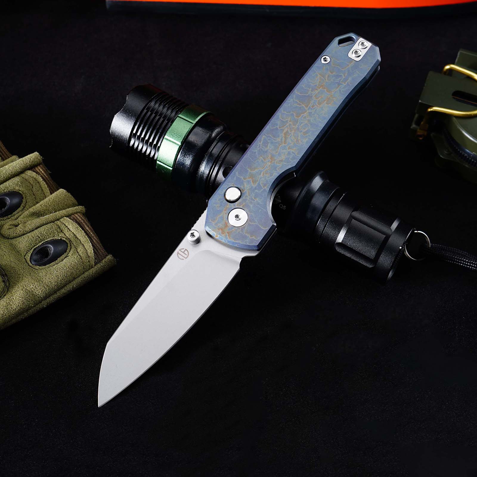 Tunafire GT-T0070-1 Knife M390 Steel Ball Bearing Folding Pocket Knife, Titanium Handle EDC Utility Knife Stone‑Wash Finish
