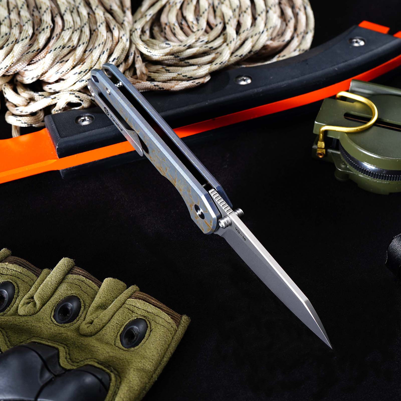 Tunafire GT-T0070-1 Knife M390 Steel Ball Bearing Folding Pocket Knife, Titanium Handle EDC Utility Knife Stone‑Wash Finish