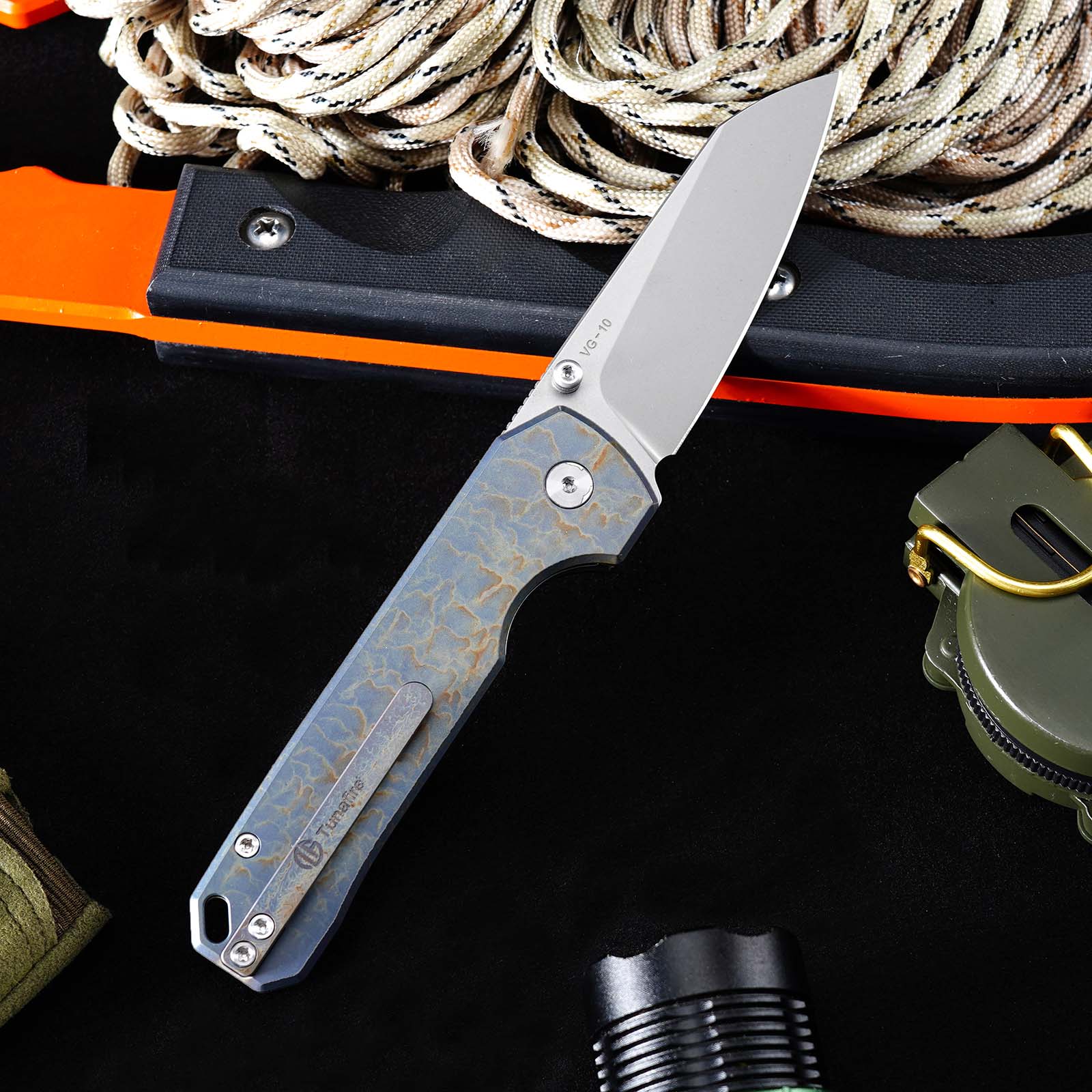 Tunafire GT-T0070-1 Knife M390 Steel Ball Bearing Folding Pocket Knife, Titanium Handle EDC Utility Knife Stone‑Wash Finish