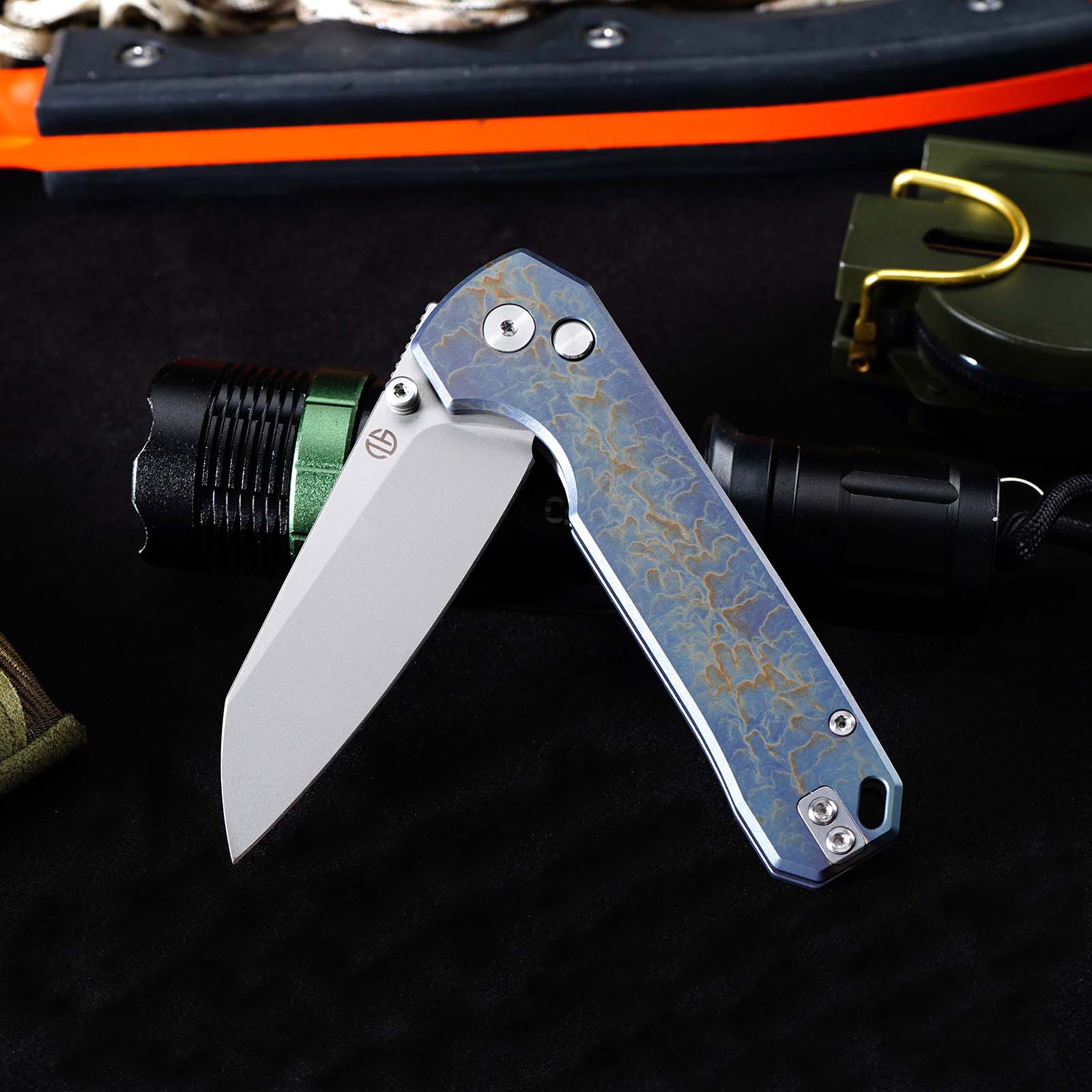 Tunafire GT-T0070-1 Knife M390 Steel Ball Bearing Folding Pocket Knife, Titanium Handle EDC Utility Knife Stone‑Wash Finish