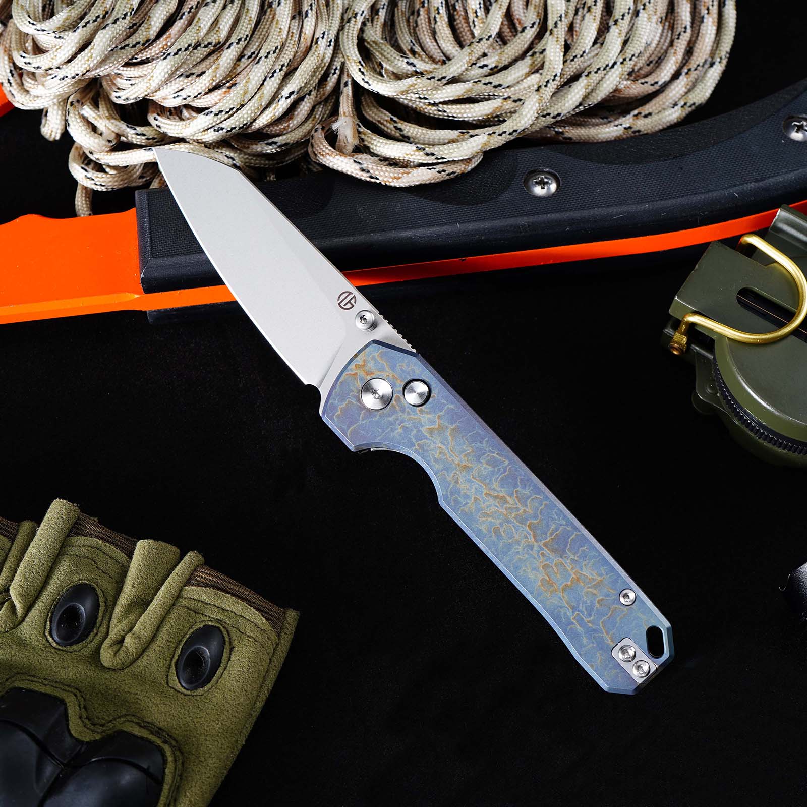 Tunafire GT-T0070-1 Knife M390 Steel Ball Bearing Folding Pocket Knife, Titanium Handle EDC Utility Knife Stone‑Wash Finish