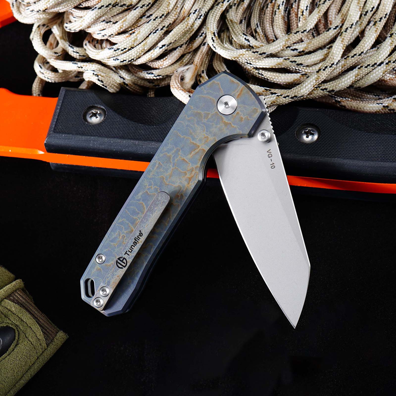 Tunafire GT-T0070-1 Knife M390 Steel Ball Bearing Folding Pocket Knife, Titanium Handle EDC Utility Knife Stone‑Wash Finish