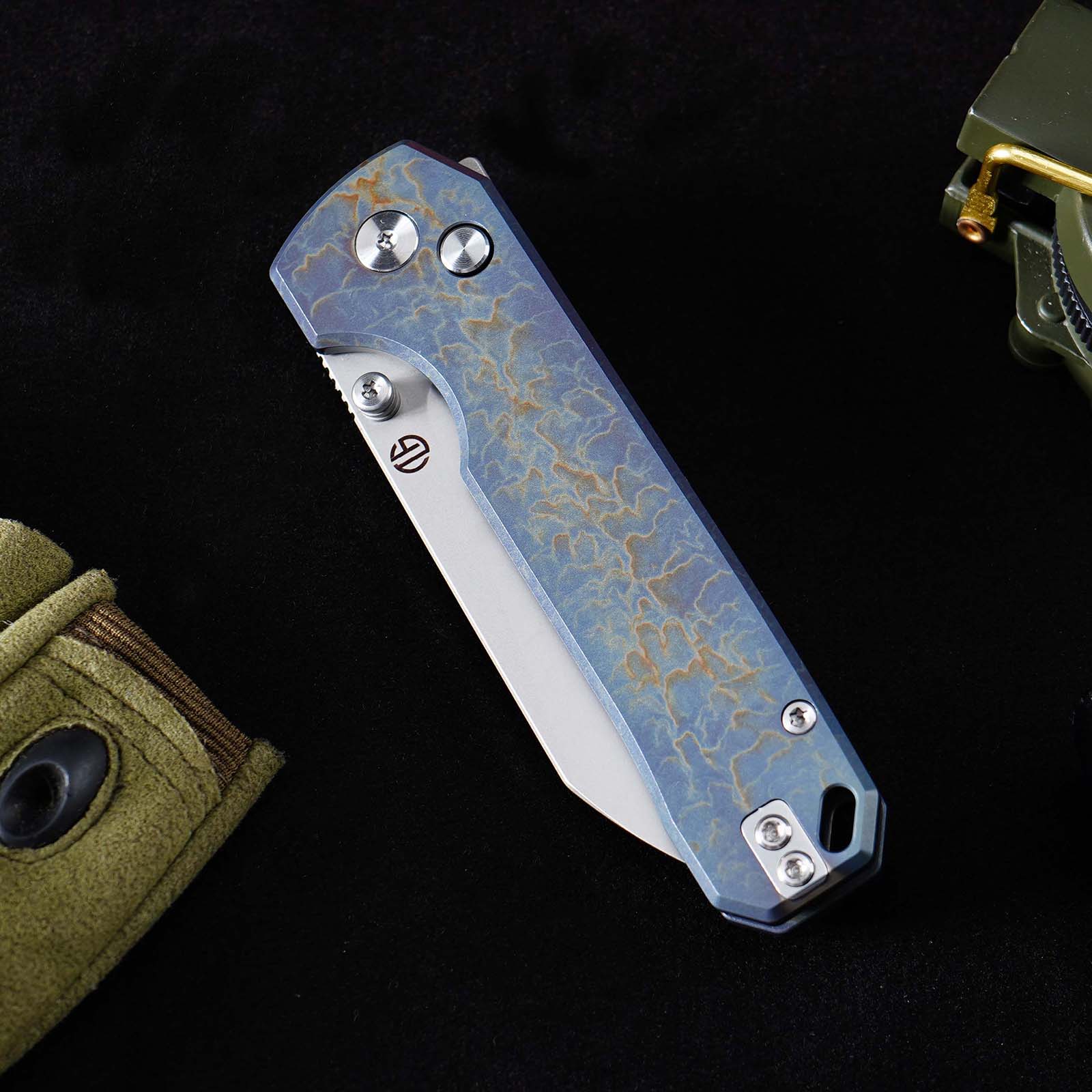 Tunafire GT-T0070-1 Knife M390 Steel Ball Bearing Folding Pocket Knife, Titanium Handle EDC Utility Knife Stone‑Wash Finish
