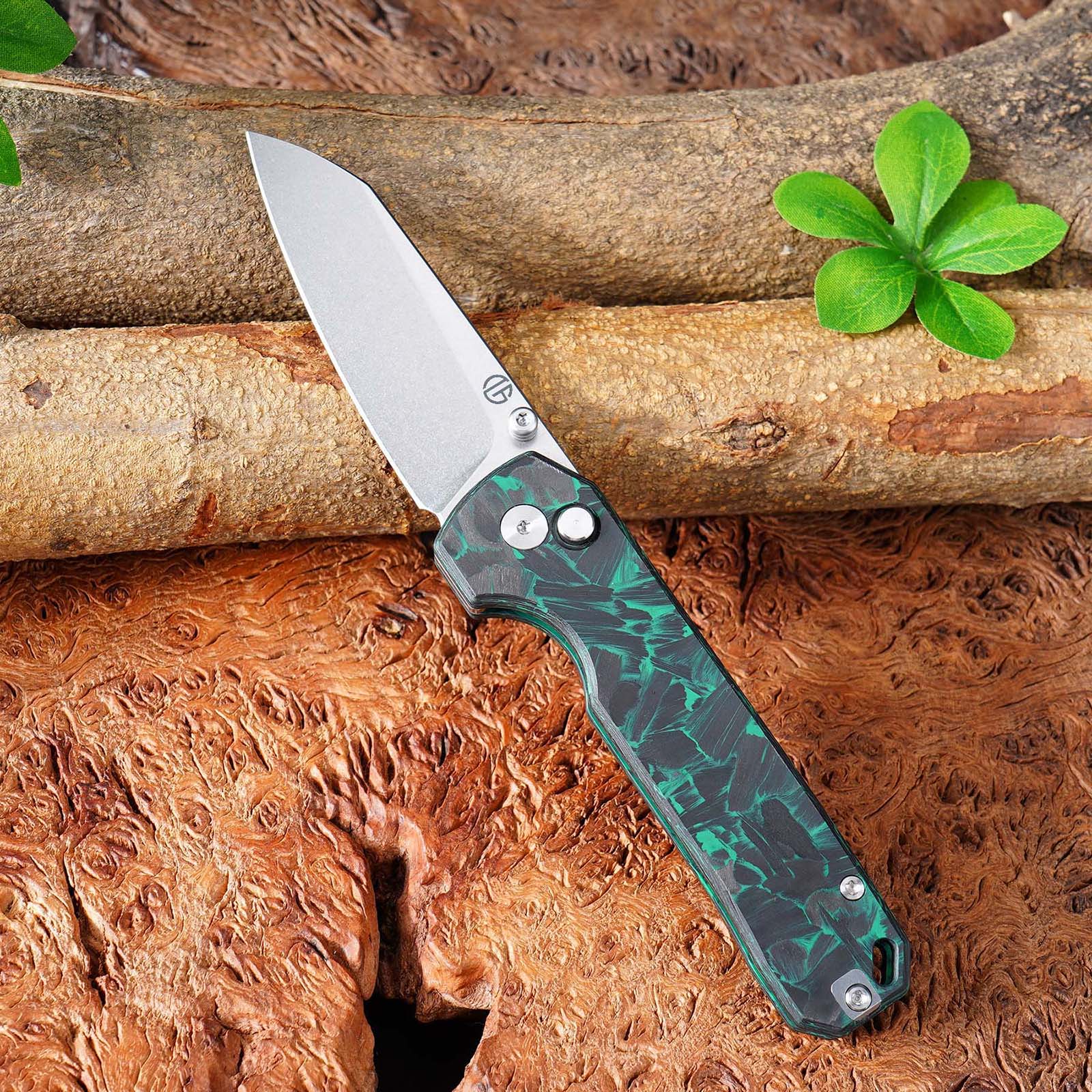 Tunaifire GT-T0070-3 Folding Knife | VG10 Blade | Luminous Carbon Fiber Green Glow-in-the-dark Handle | Button Liner Lock | Pocket Knife