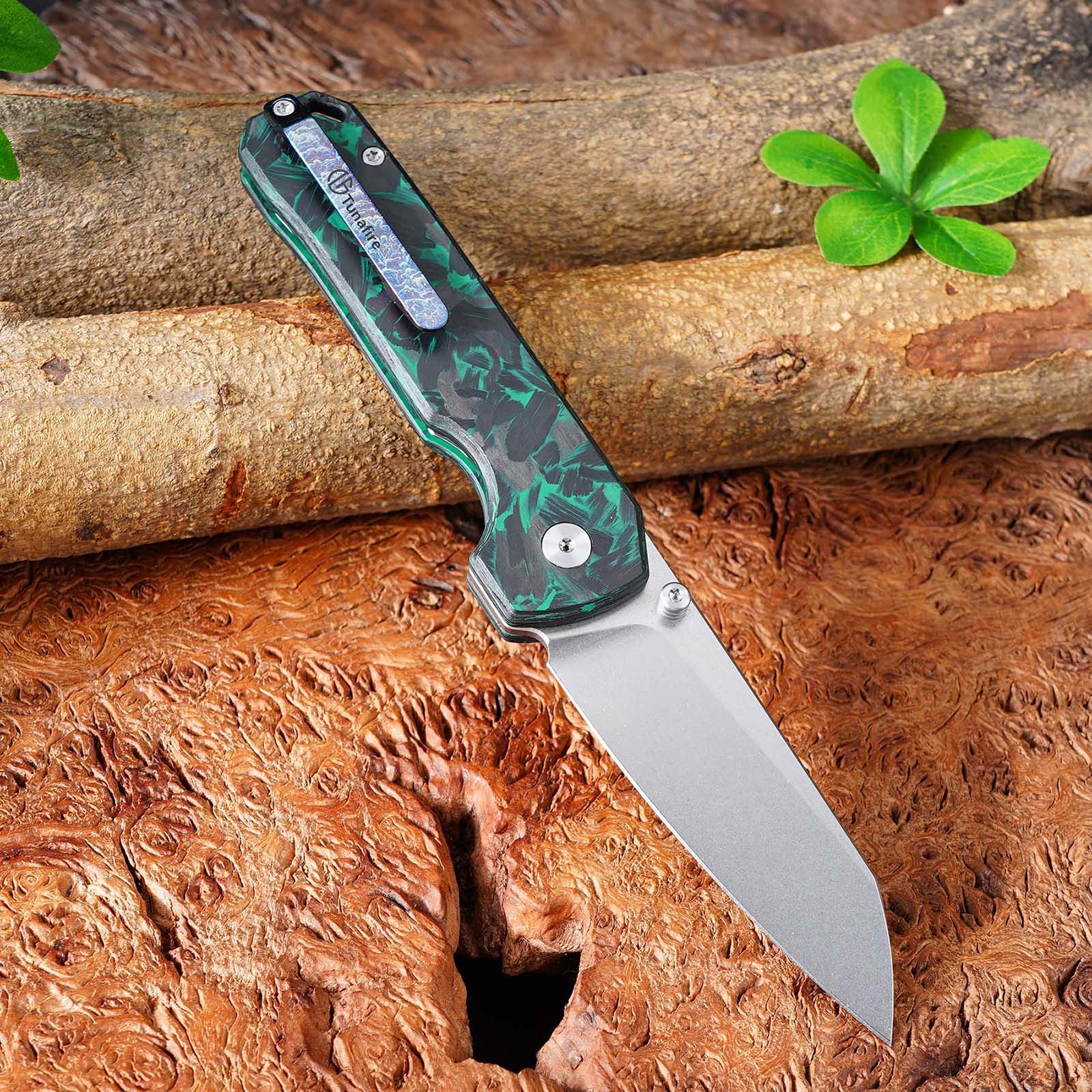 Tunaifire GT-T0070-3 Folding Knife | VG10 Blade | Luminous Carbon Fiber Green Glow-in-the-dark Handle | Button Liner Lock | Pocket Knife