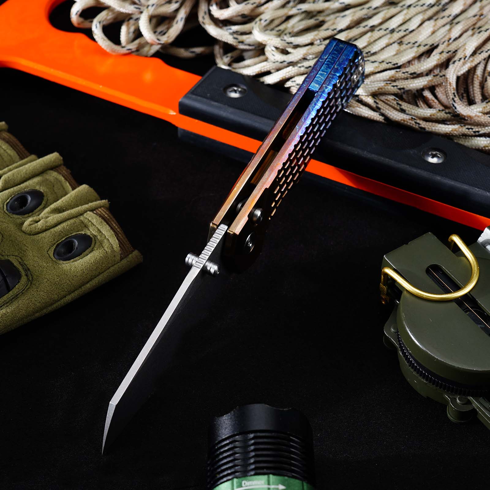 Tunafire Knives GT-T0081 3.19''M390 Titanium Folding Pocket Knife Titanium Anodized Burnt Handle EDC Knife