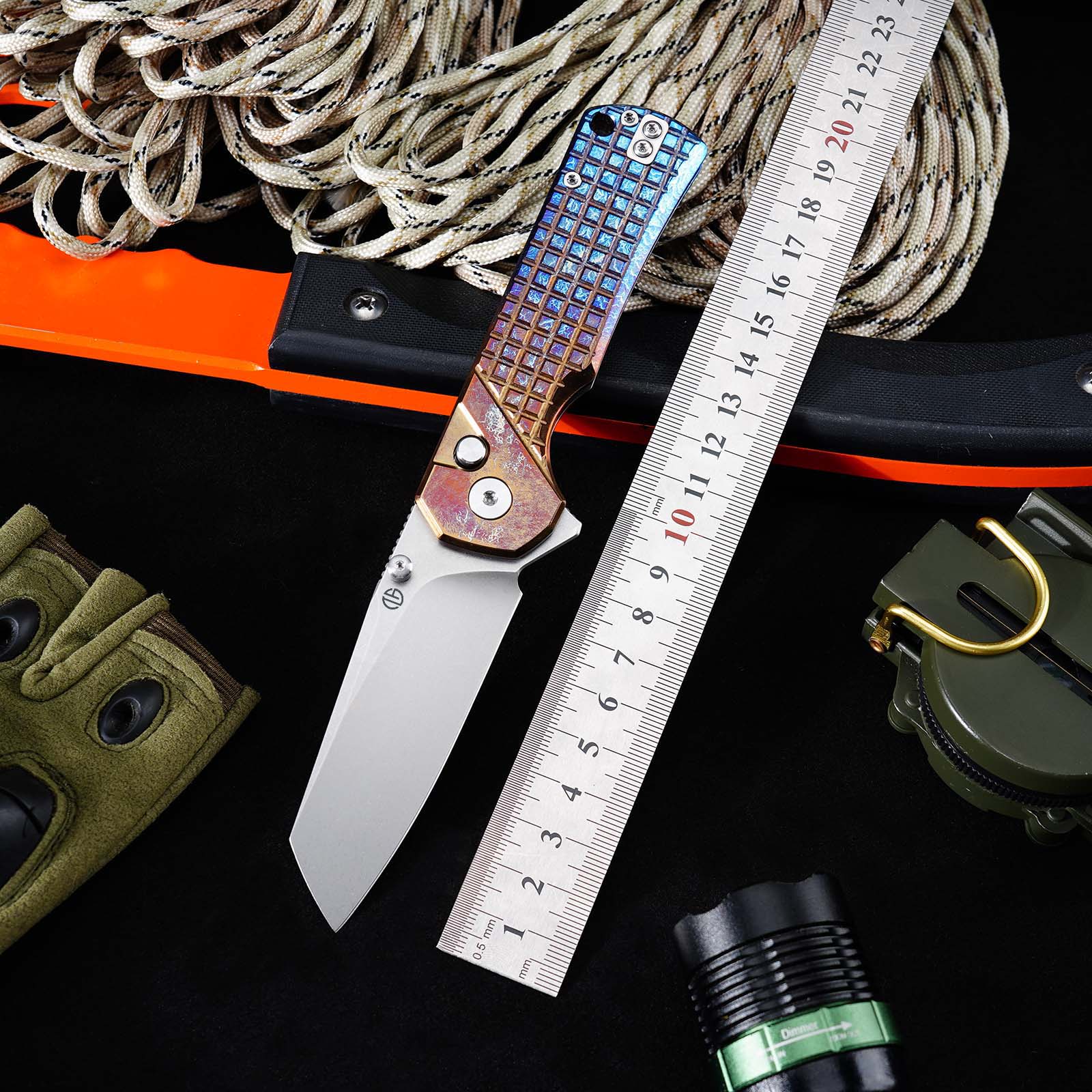 Tunafire Knives GT-T0081 3.19''M390 Titanium Folding Pocket Knife Titanium Anodized Burnt Handle EDC Knife