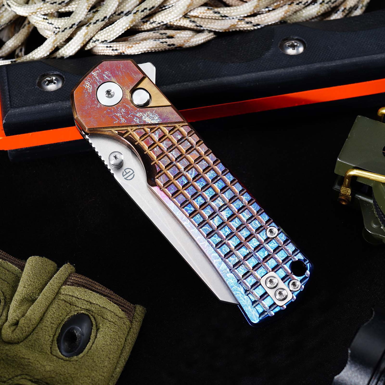Tunafire Knives GT-T0081 3.19''M390 Titanium Folding Pocket Knife Titanium Anodized Burnt Handle EDC Knife