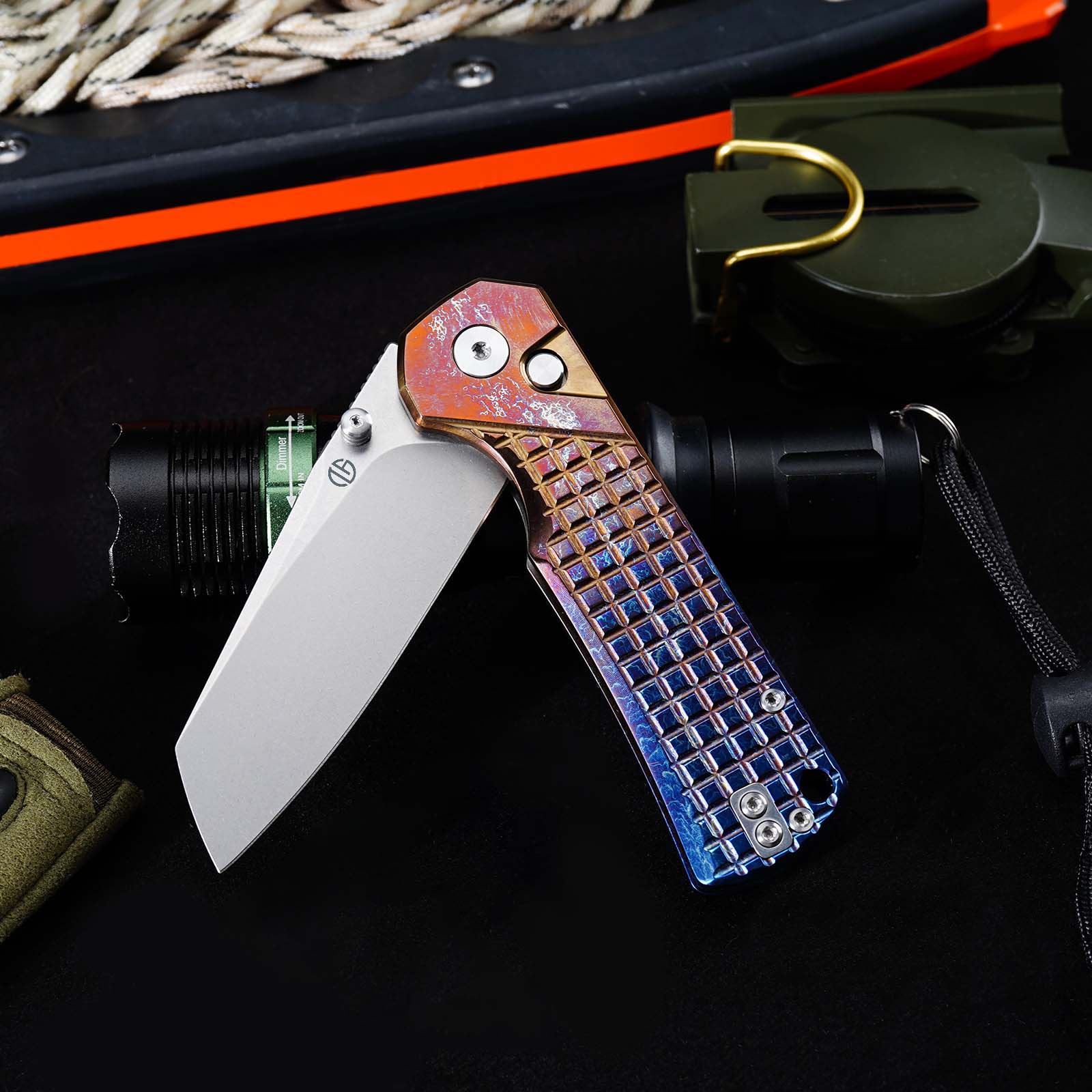 Tunafire Knives GT-T0081 3.19''M390 Titanium Folding Pocket Knife Titanium Anodized Burnt Handle EDC Knife