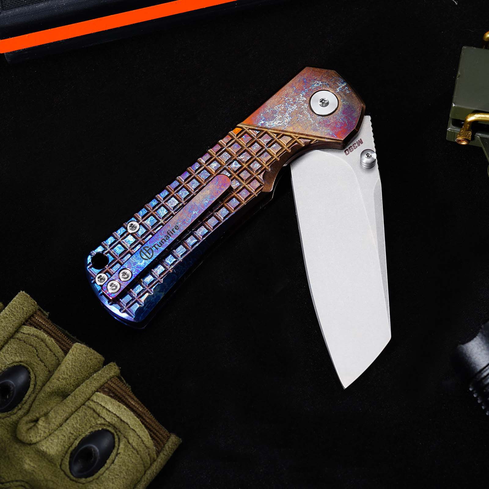 Tunafire Knives GT-T0081 3.19''M390 Titanium Folding Pocket Knife Titanium Anodized Burnt Handle EDC Knife