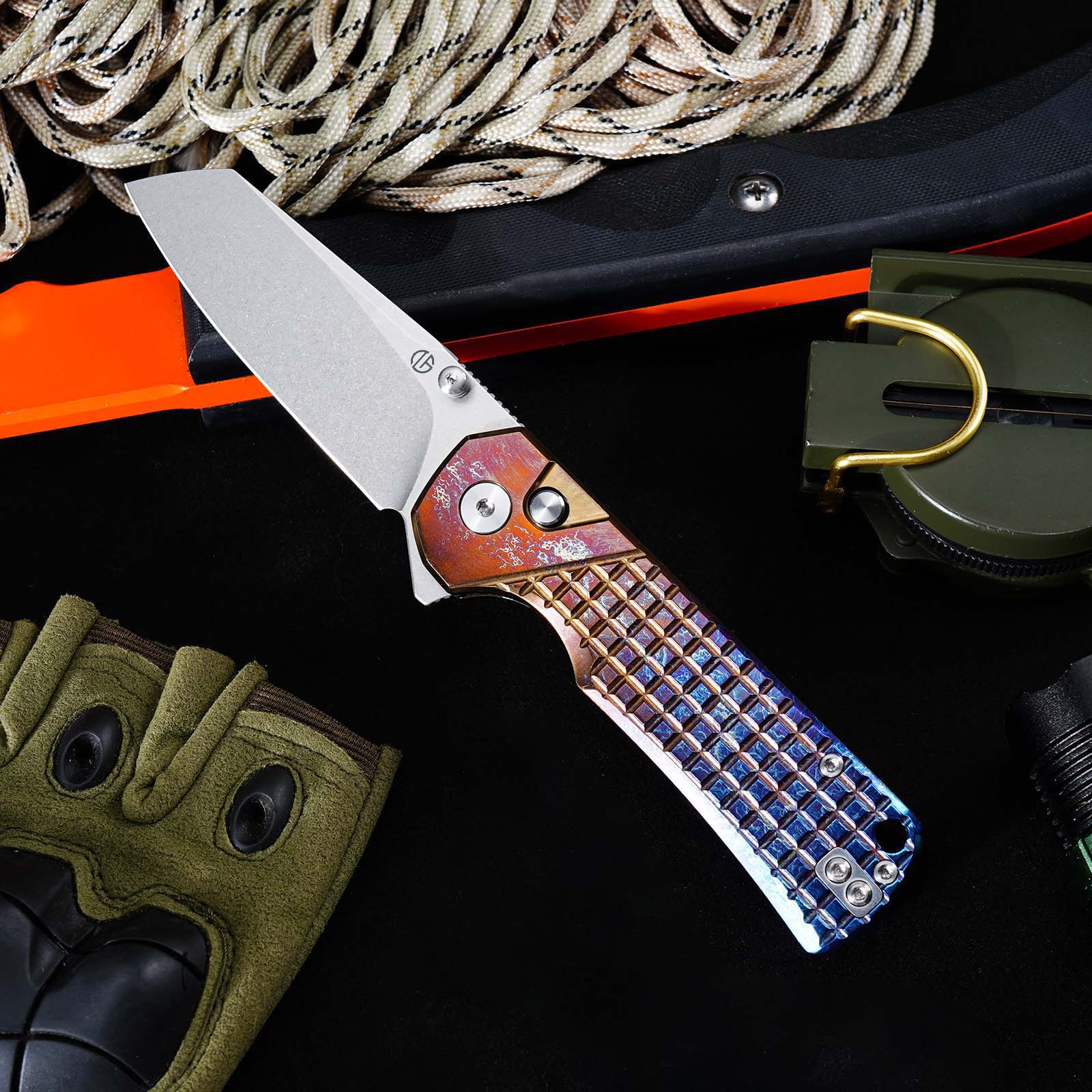 Tunafire Knives GT-T0081 3.19''M390 Titanium Folding Pocket Knife Titanium Anodized Burnt Handle EDC Knife