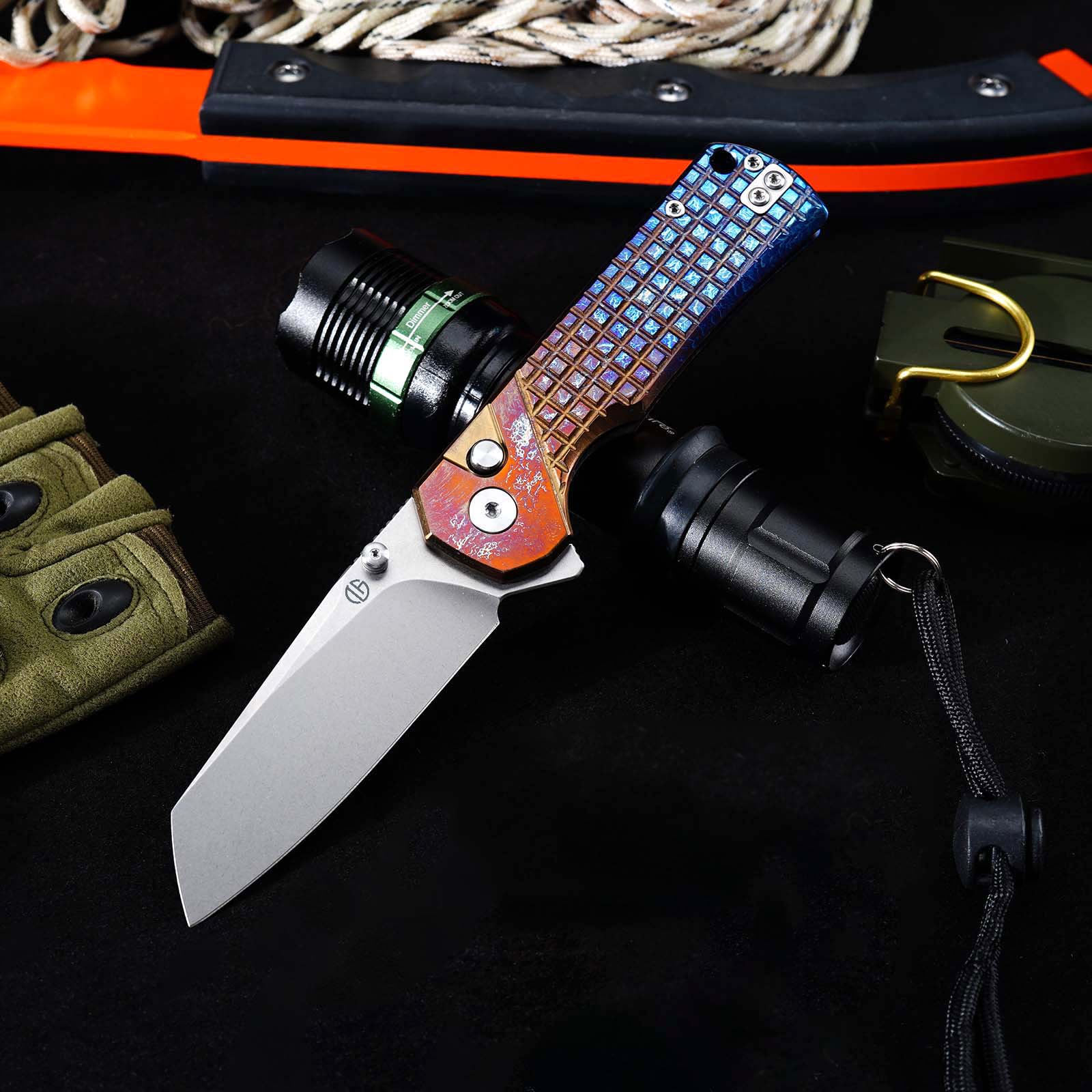Tunafire Knives GT-T0081 3.19''M390 Titanium Folding Pocket Knife Titanium Anodized Burnt Handle EDC Knife