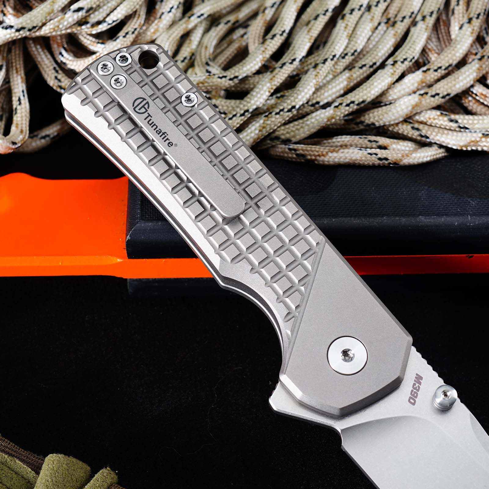 Tunafire GT-T0081 M390 EDC Folding Pocket Knife | Gray Titanium Handle Everyday Carry Outdoor Tool
