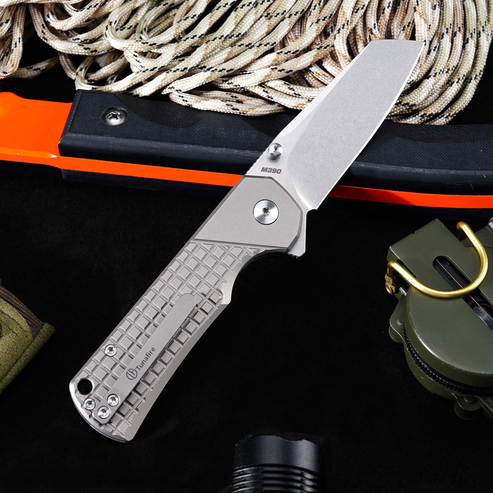 Tunafire GT-T0081 M390 EDC Folding Pocket Knife | Gray Titanium Handle Everyday Carry Outdoor Tool