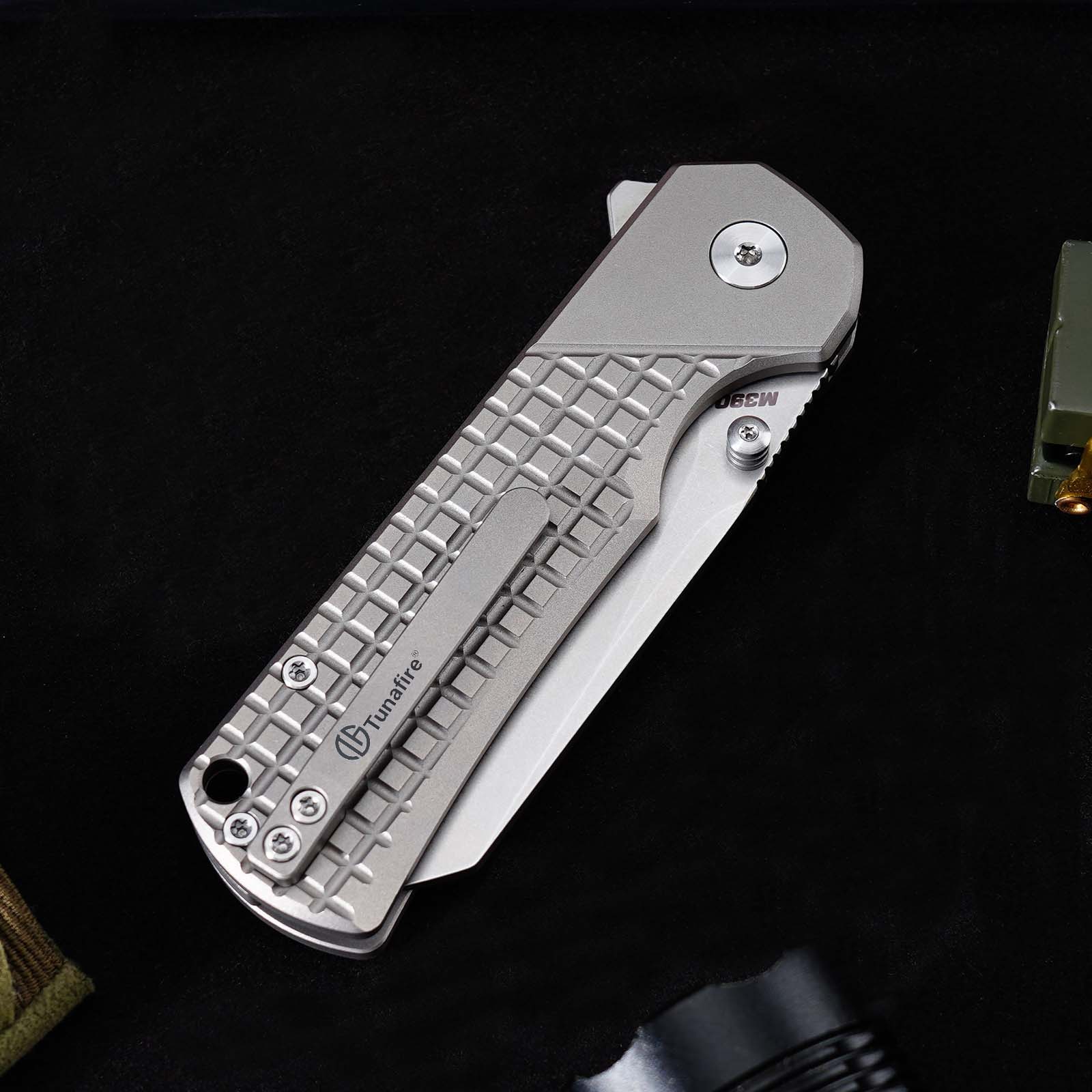 Tunafire GT-T0081 M390 EDC Folding Pocket Knife | Gray Titanium Handle Everyday Carry Outdoor Tool