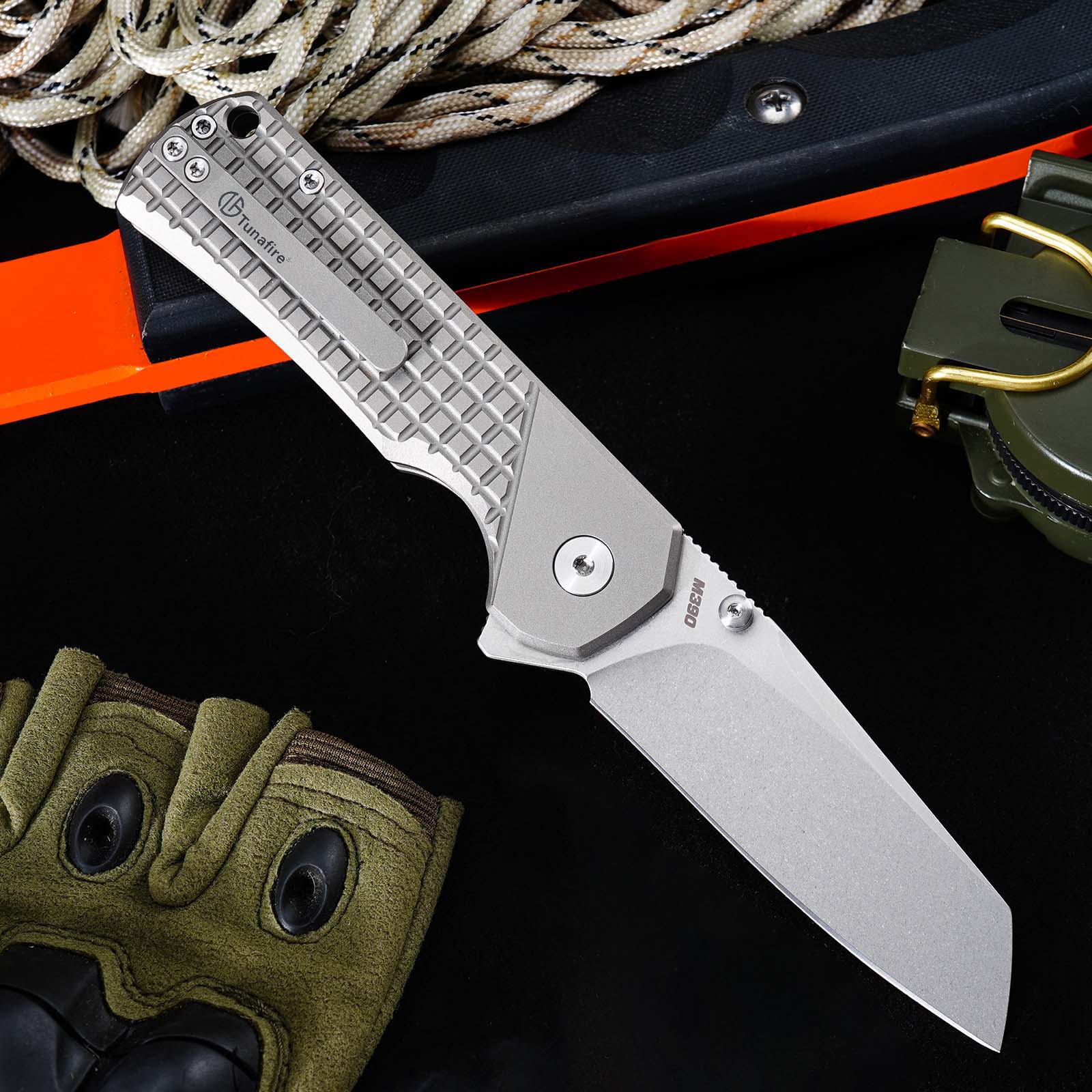 Tunafire GT-T0081 M390 EDC Folding Pocket Knife | Gray Titanium Handle Everyday Carry Outdoor Tool