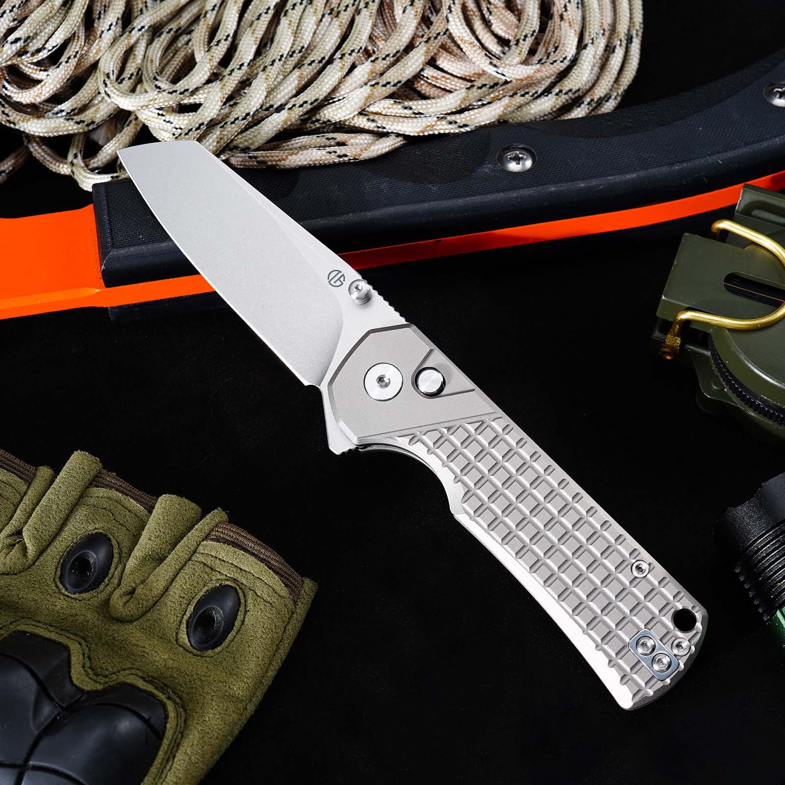 Tunafire GT-T0081 M390 EDC Folding Pocket Knife | Gray Titanium Handle Everyday Carry Outdoor Tool