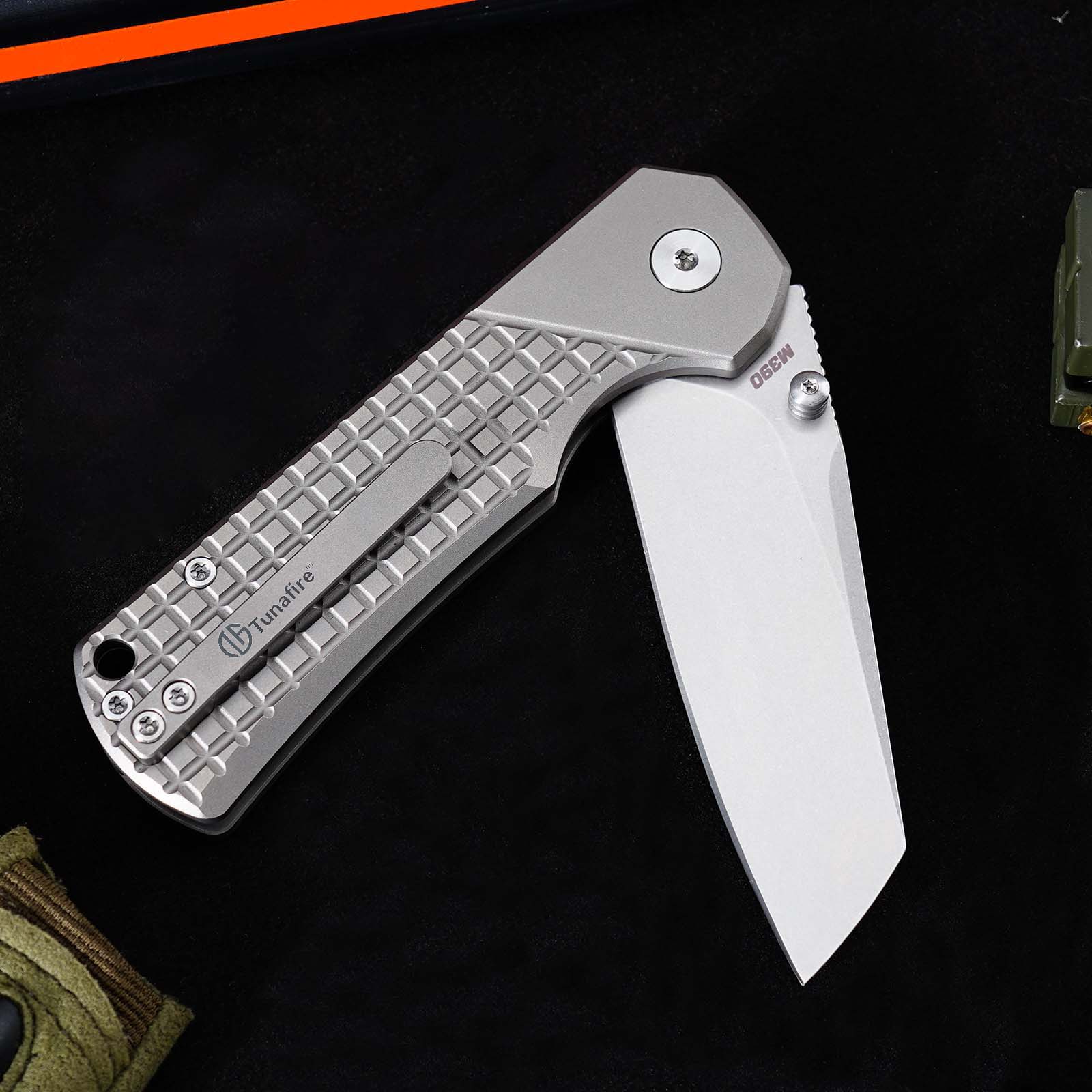 Tunafire GT-T0081 M390 EDC Folding Pocket Knife | Gray Titanium Handle Everyday Carry Outdoor Tool