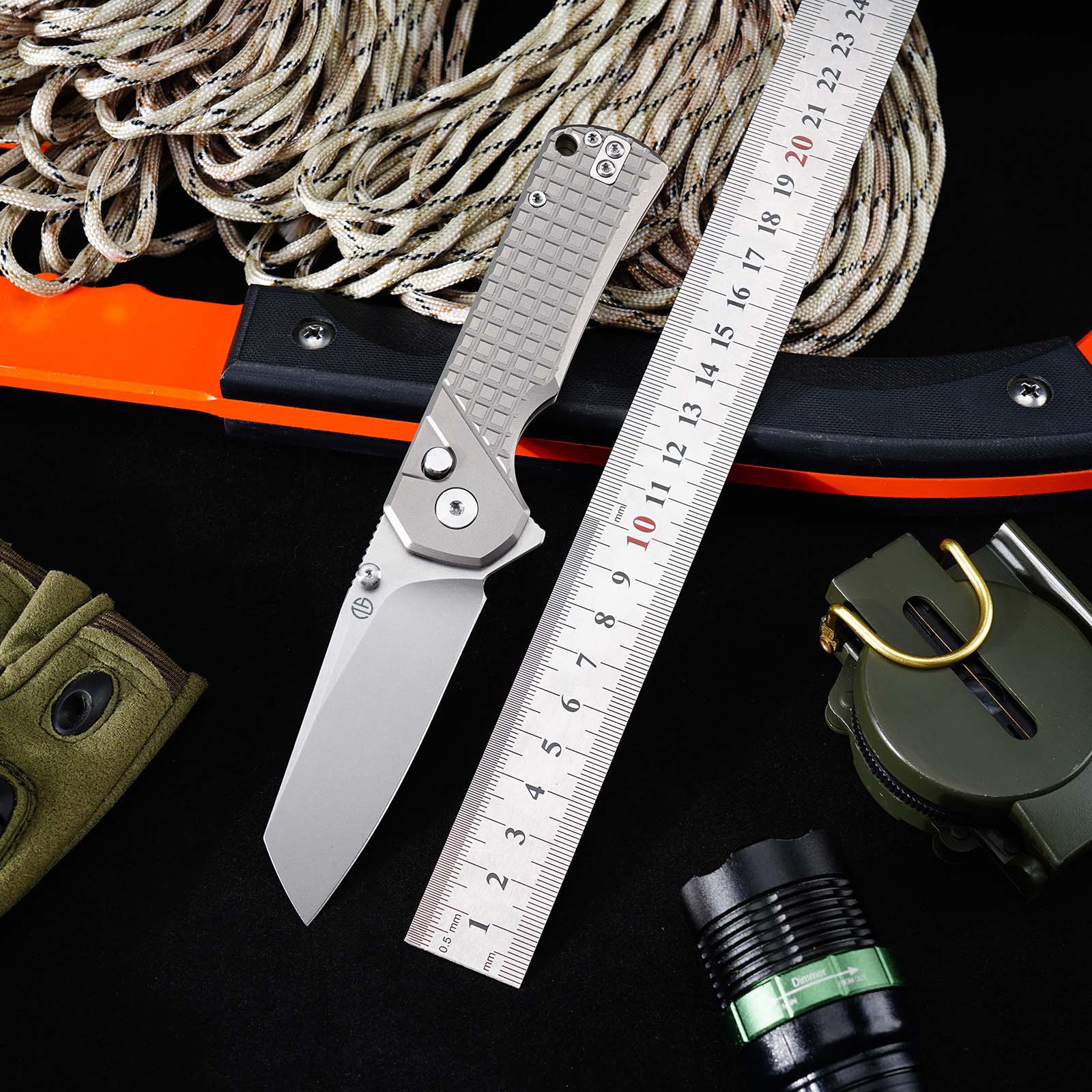 Tunafire GT-T0081 M390 EDC Folding Pocket Knife | Gray Titanium Handle Everyday Carry Outdoor Tool