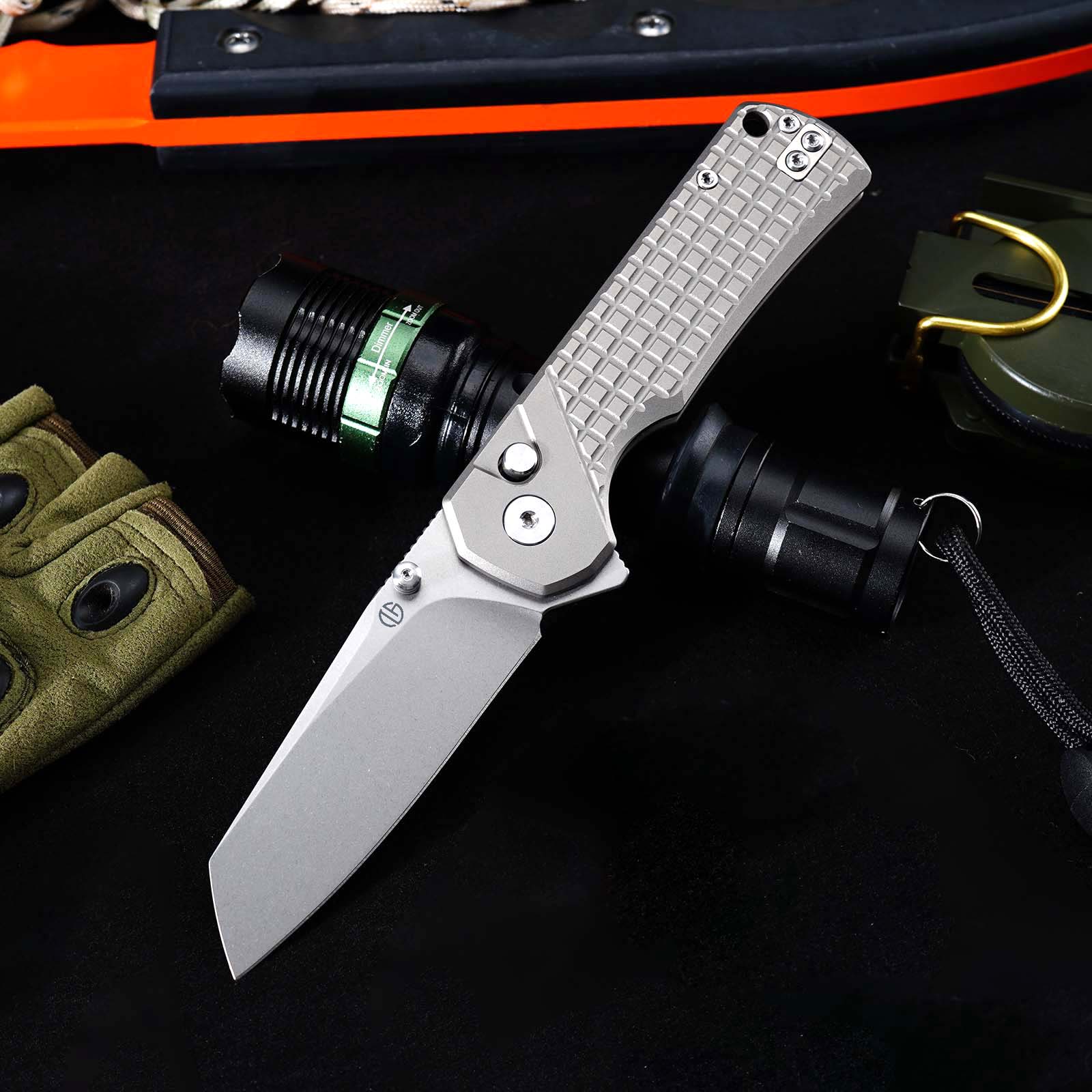 Tunafire GT-T0081 M390 EDC Folding Pocket Knife | Gray Titanium Handle Everyday Carry Outdoor Tool