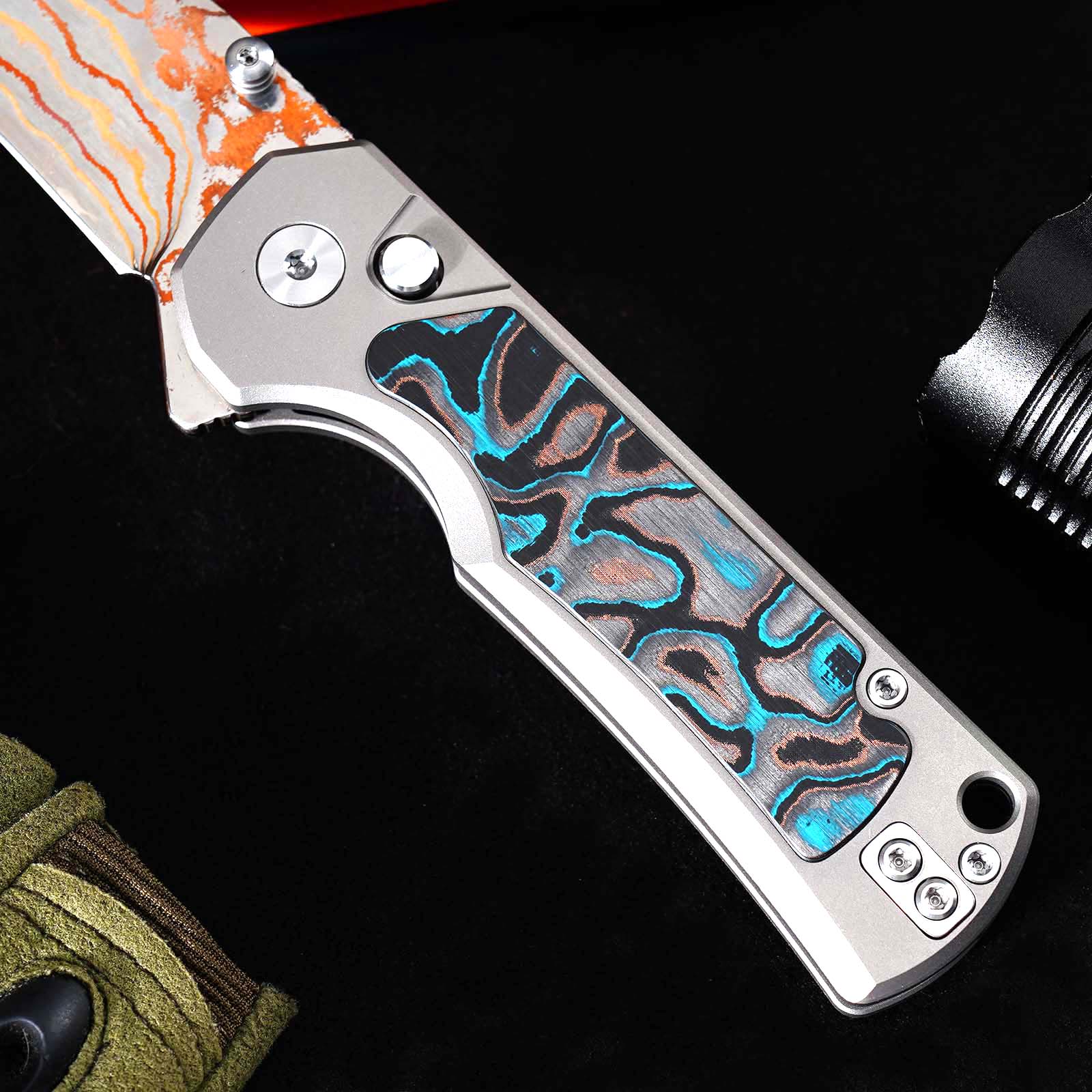 Tunafire Knives GT-T0081 3.19''M390 Steel Blade Folding Pocket Knife Blue Carbon alloy + Inlaid carbon fiber Handle EDC Knife