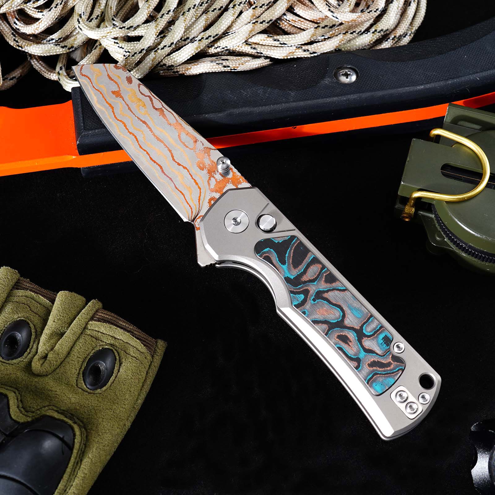 Tunafire Knives GT-T0081 3.19''M390 Steel Blade Folding Pocket Knife Blue Carbon alloy + Inlaid carbon fiber Handle EDC Knife