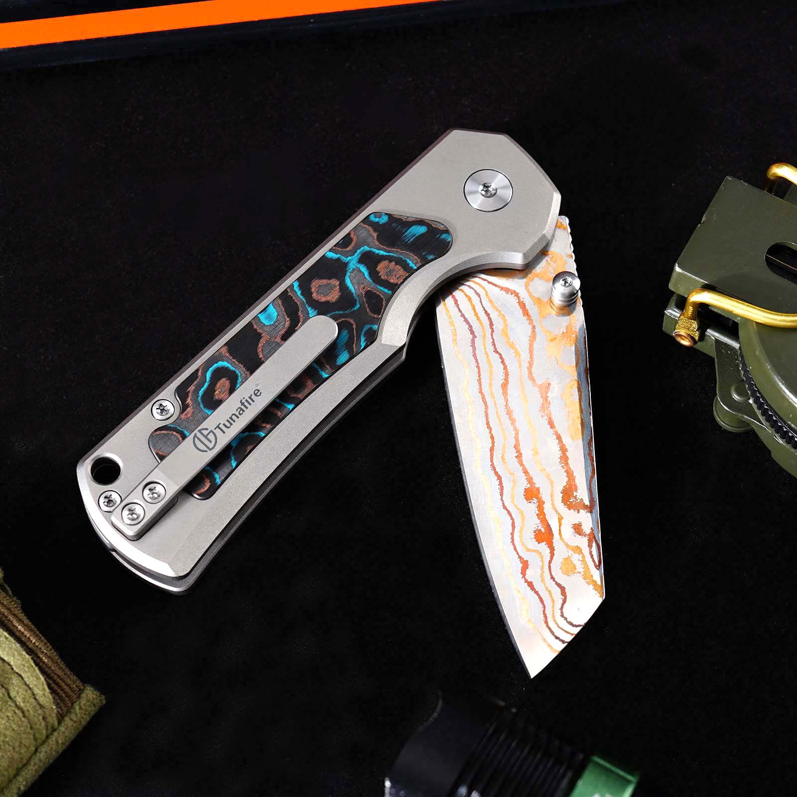 Tunafire Knives GT-T0081 3.19''M390 Steel Blade Folding Pocket Knife Blue Carbon alloy + Inlaid carbon fiber Handle EDC Knife