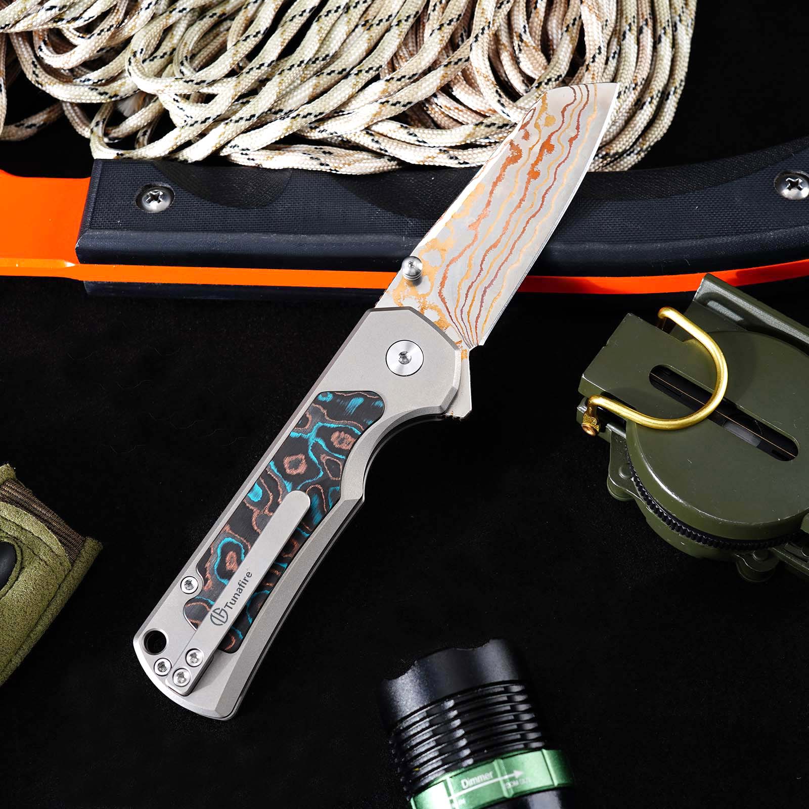 Tunafire Knives GT-T0081 3.19''M390 Steel Blade Folding Pocket Knife Blue Carbon alloy + Inlaid carbon fiber Handle EDC Knife