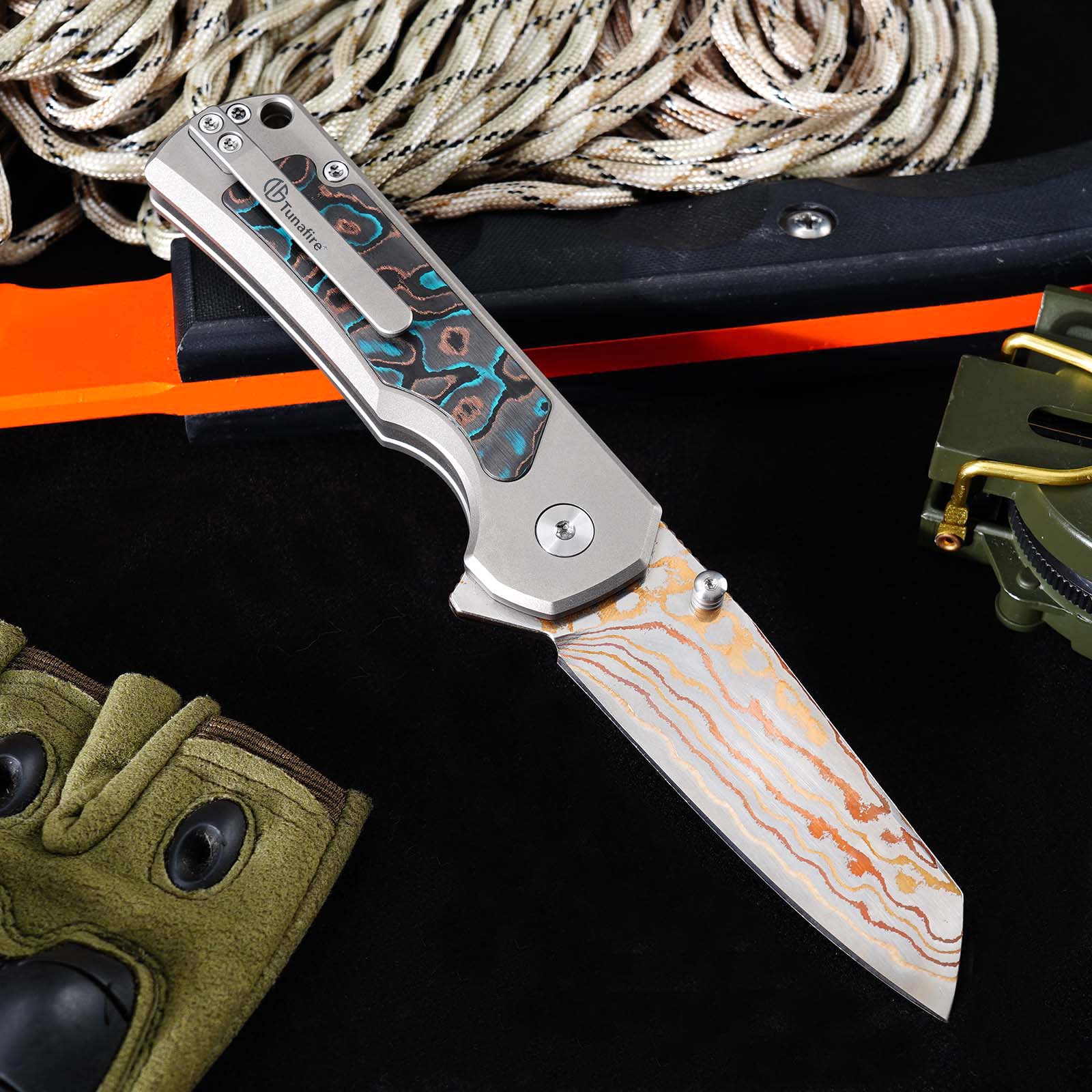 Tunafire Knives GT-T0081 3.19''M390 Steel Blade Folding Pocket Knife Blue Carbon alloy + Inlaid carbon fiber Handle EDC Knife