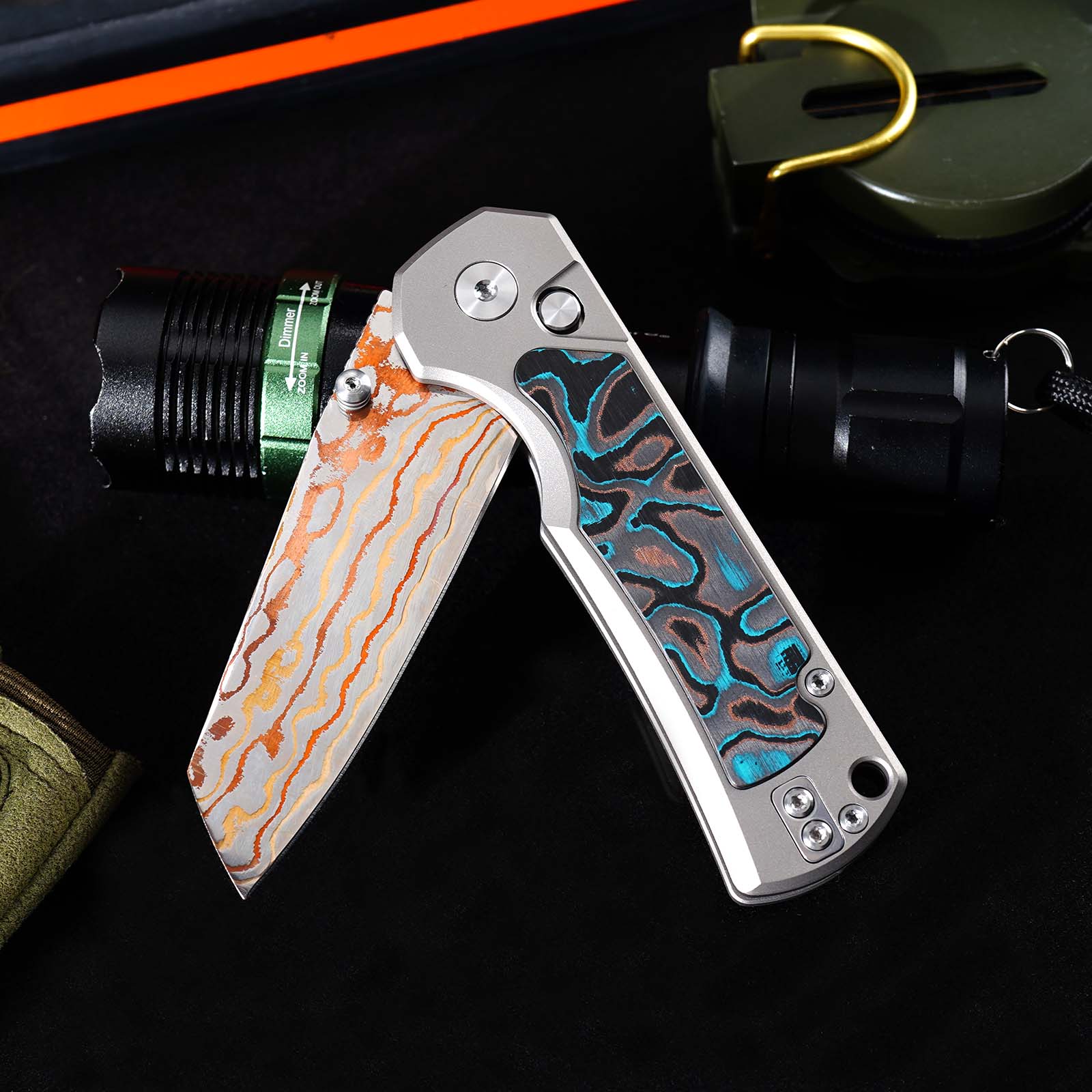 Tunafire Knives GT-T0081 3.19''M390 Steel Blade Folding Pocket Knife Blue Carbon alloy + Inlaid carbon fiber Handle EDC Knife