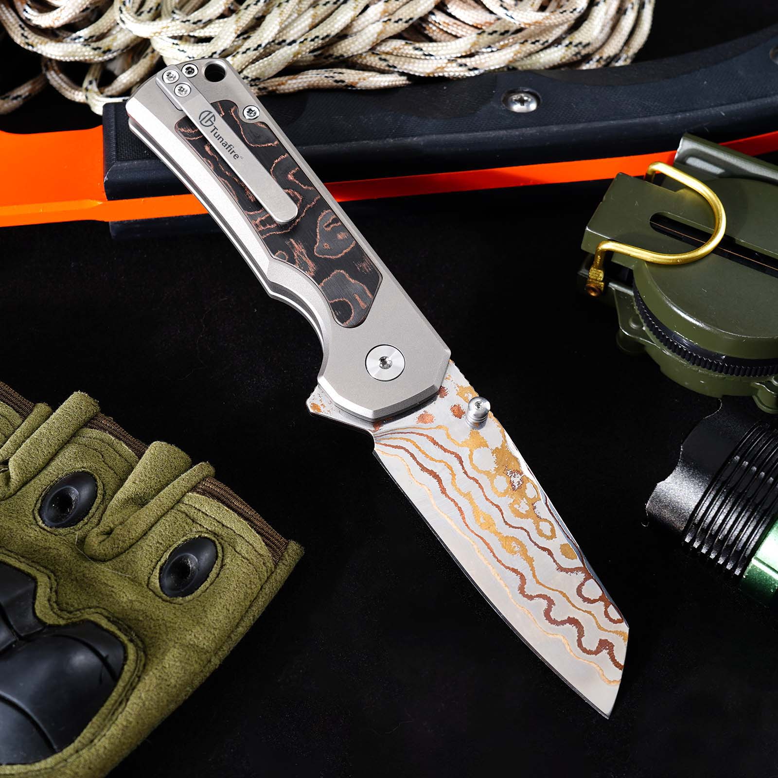 Tunafire Knives GT-T0081 3.19''M390 Steel Blade Folding Pocket Knife Blue Carbon alloy + Inlaid carbon fiber Handle EDC Knife