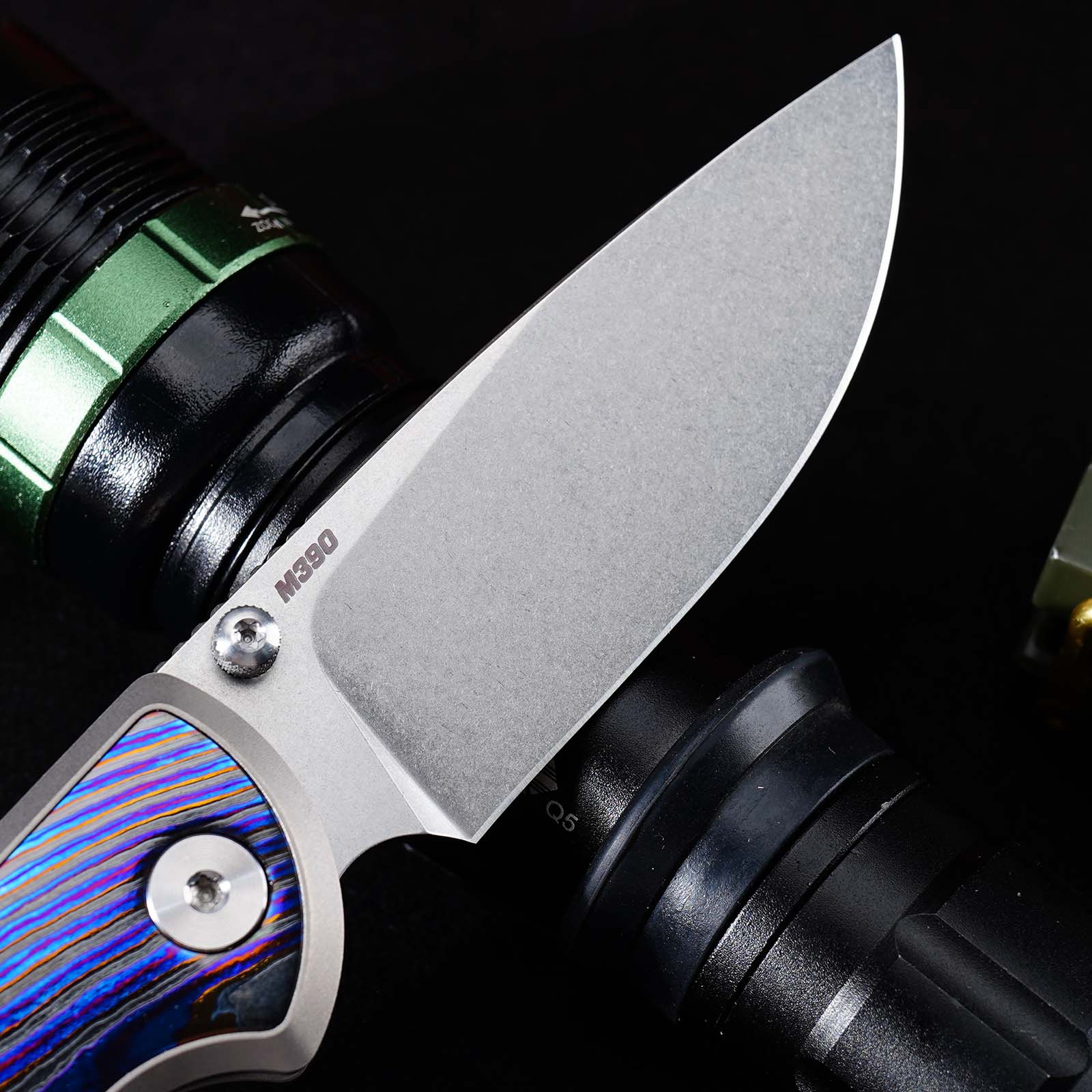Tunafire Knives GT-T0082 M390 Button Lock Folding Knife, Titanium Handle with Zirconium Inlay, Stonewashed Pocket Knife for EDC