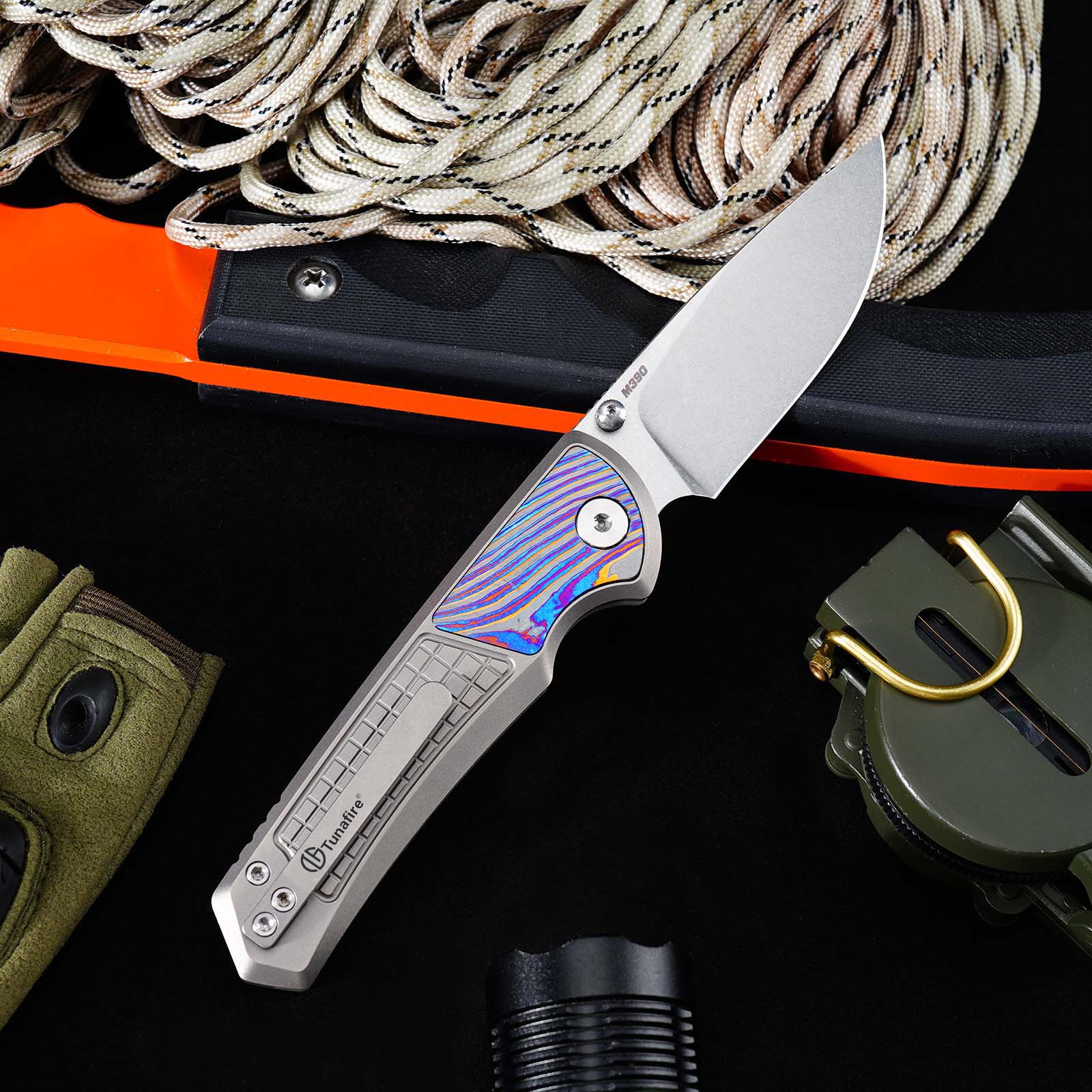 Tunafire Knives GT-T0082 M390 Button Lock Folding Knife, Titanium Handle with Zirconium Inlay, Stonewashed Pocket Knife for EDC