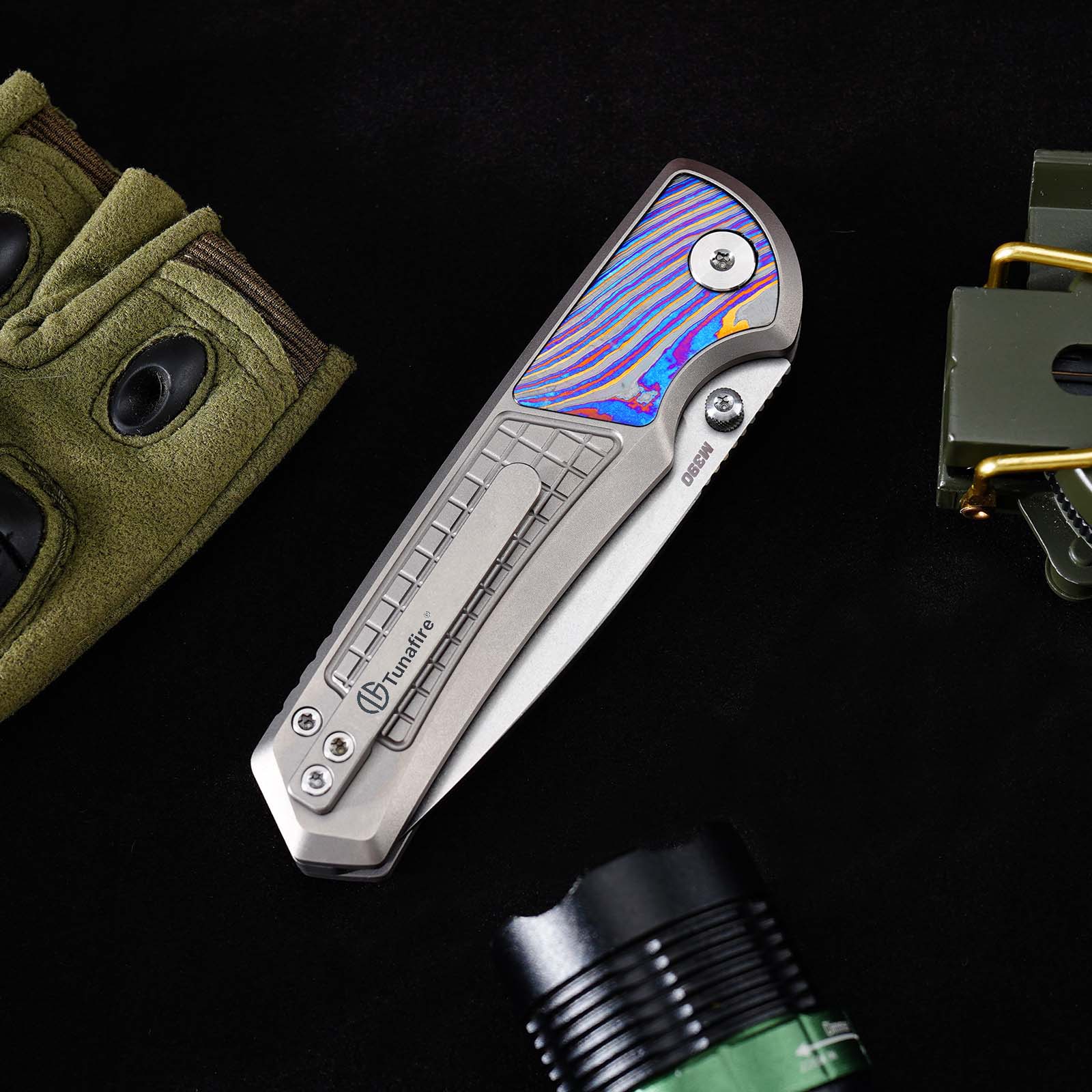 Tunafire Knives GT-T0082 M390 Button Lock Folding Knife, Titanium Handle with Zirconium Inlay, Stonewashed Pocket Knife for EDC