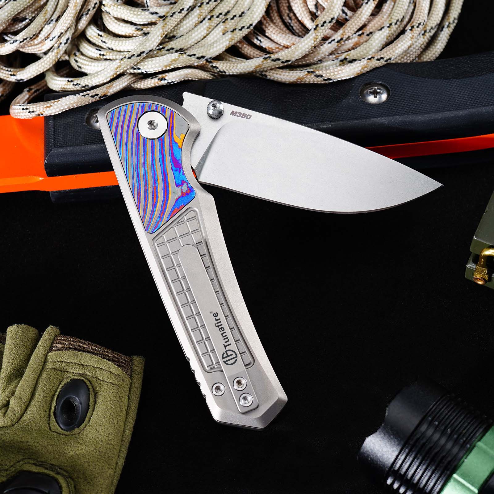 Tunafire Knives GT-T0082 M390 Button Lock Folding Knife, Titanium Handle with Zirconium Inlay, Stonewashed Pocket Knife for EDC