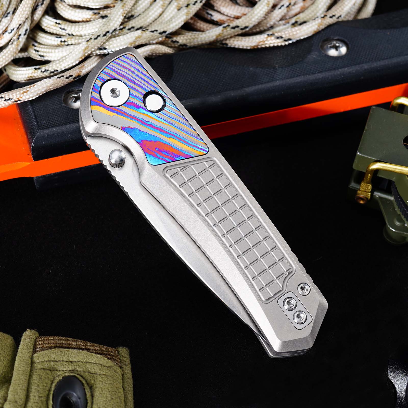 Tunafire Knives GT-T0082 M390 Button Lock Folding Knife, Titanium Handle with Zirconium Inlay, Stonewashed Pocket Knife for EDC