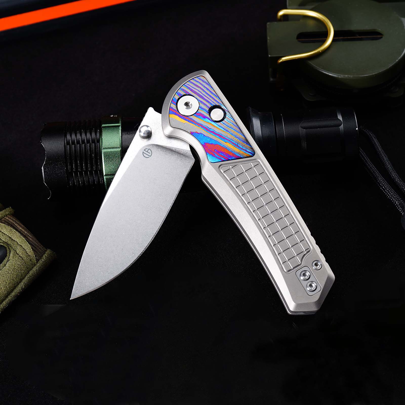 Tunafire Knives GT-T0082 M390 Button Lock Folding Knife, Titanium Handle with Zirconium Inlay, Stonewashed Pocket Knife for EDC