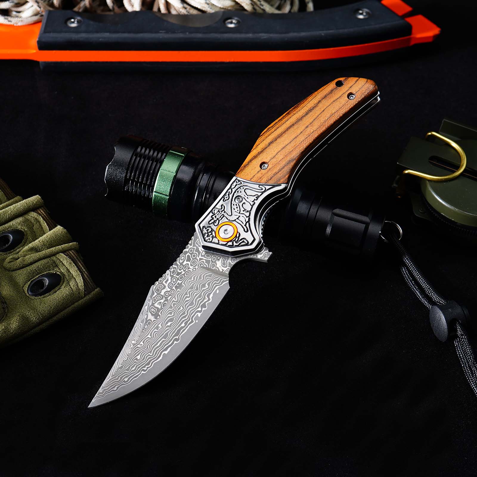 Tunafire GT-DM052 Damascus Steel Folding Knife, Zebra Wood Handle With Carved Steel Bolster Portable EDC Pocket Knife Outdoor Survival Tool