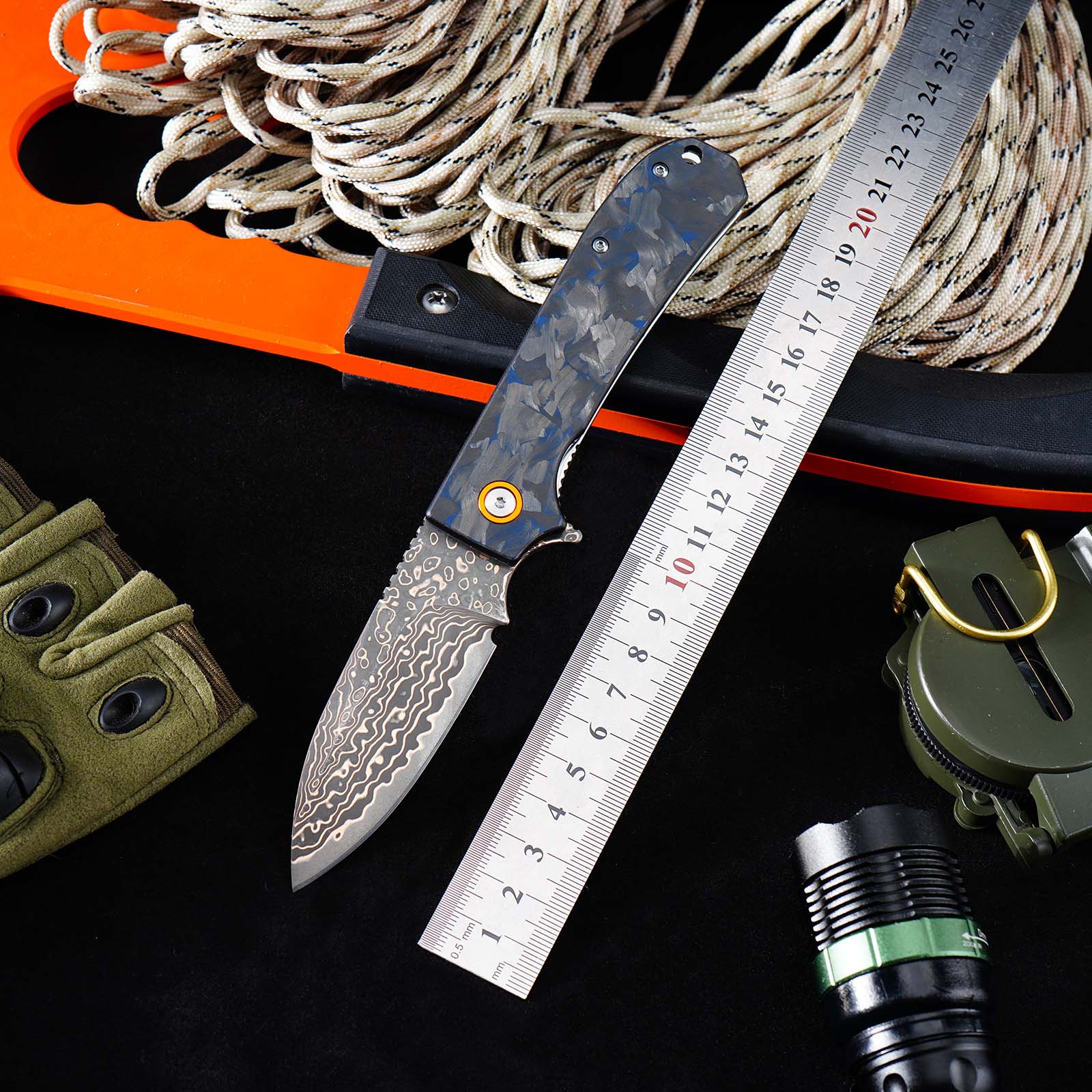 Tunafire Knife Pocket Folding Knife GT-DM044-2 | Copper Damascus Blade with VG10 Core | Blue Carbon Fiber Grip Ball Bearing EDC Outdoor Cutting Tool